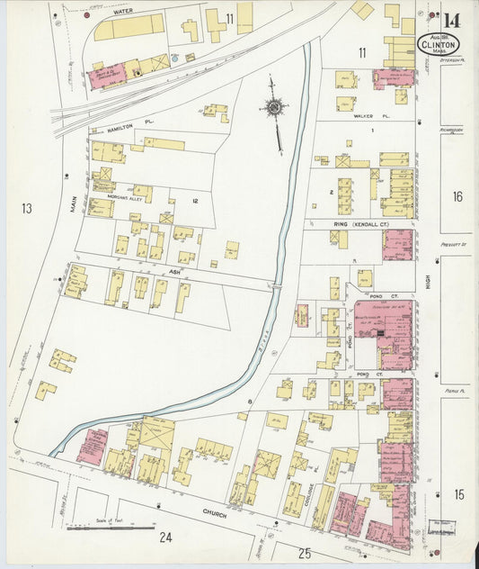 Sanborn Fire Insurance Map from Clinton, Worcester County, Massachusetts (1911), Sheet #0014 - Historic Sanborn Fire Insurance Map Print, vintage old map wall art, antique decor, genealogy gift, Massachusetts Massachusetts map