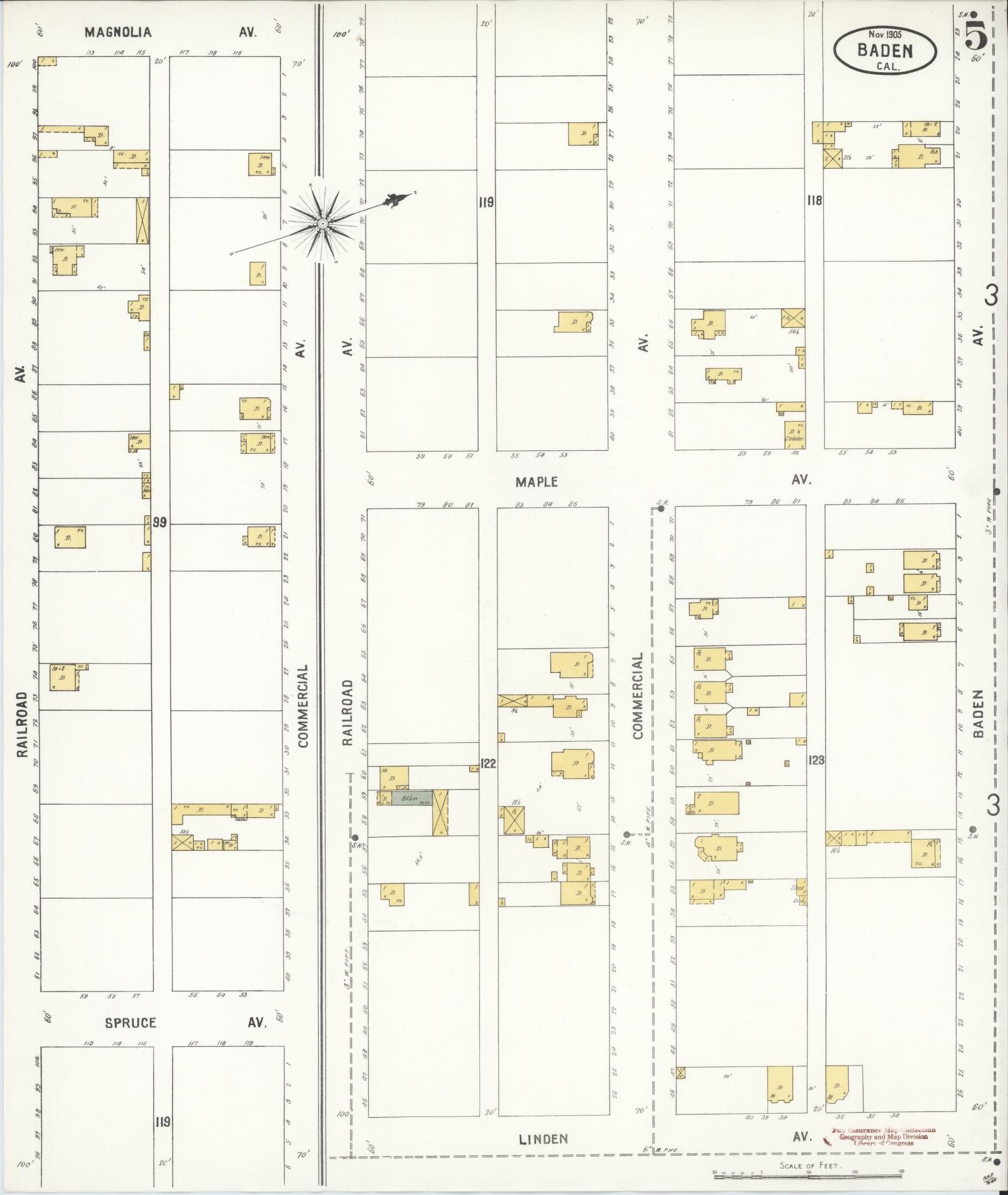 Sanborn Fire Insurance Map from Baden, San Mateo County, California (1905), Sheet #0005 - Historic Sanborn Fire Insurance Map Print, vintage old map wall art, antique decor, genealogy gift, California California map