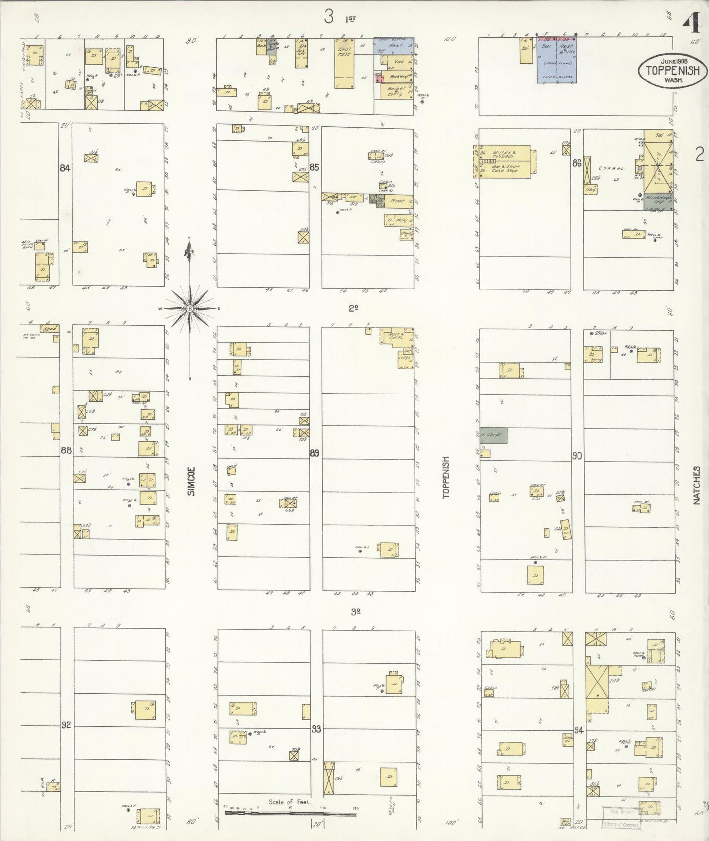 Sanborn Fire Insurance Map from Toppenish, Yakima County, Washington (1908), Sheet #0004 - Complete Map Set gallery image, historic Sanborn map, vintage wall art, Washington Washington