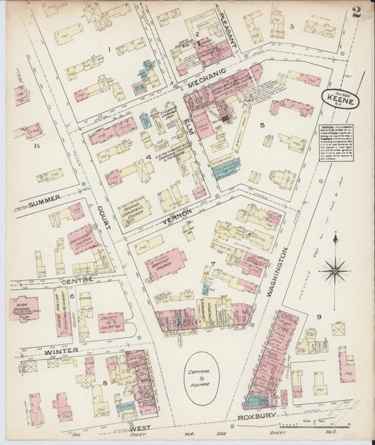 Sanborn Fire Insurance Map from Keene, Cheshire County, New Hampshire (1884), Sheet #0002 - Historic Sanborn Fire Insurance Map Print, vintage old map wall art, antique decor, genealogy gift, New Hampshire New Hampshire map