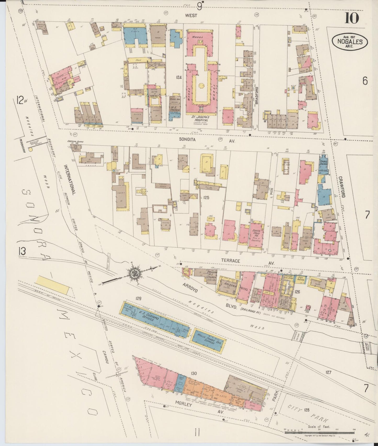 Sanborn Fire Insurance Map from Nogales, Santa Cruz County, Arizona (1917), Sheet #0010 - Historic Sanborn Fire Insurance Map Print, vintage old map wall art, antique decor, genealogy gift, Arizona Arizona map