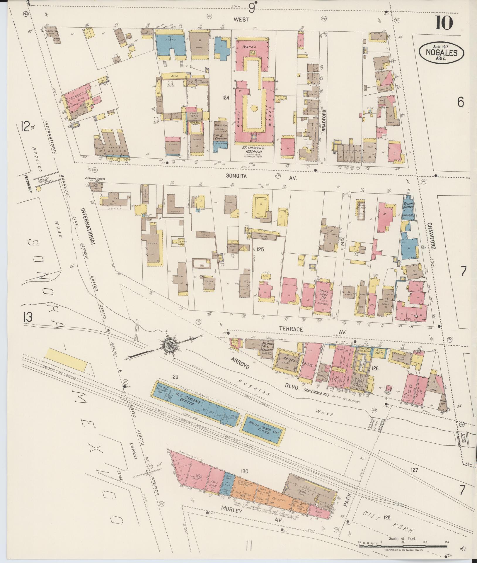 Sanborn Fire Insurance Map from Nogales, Santa Cruz County, Arizona (1917), Sheet #0010 - Historic Sanborn Fire Insurance Map Print, vintage old map wall art, antique decor, genealogy gift, Arizona Arizona map