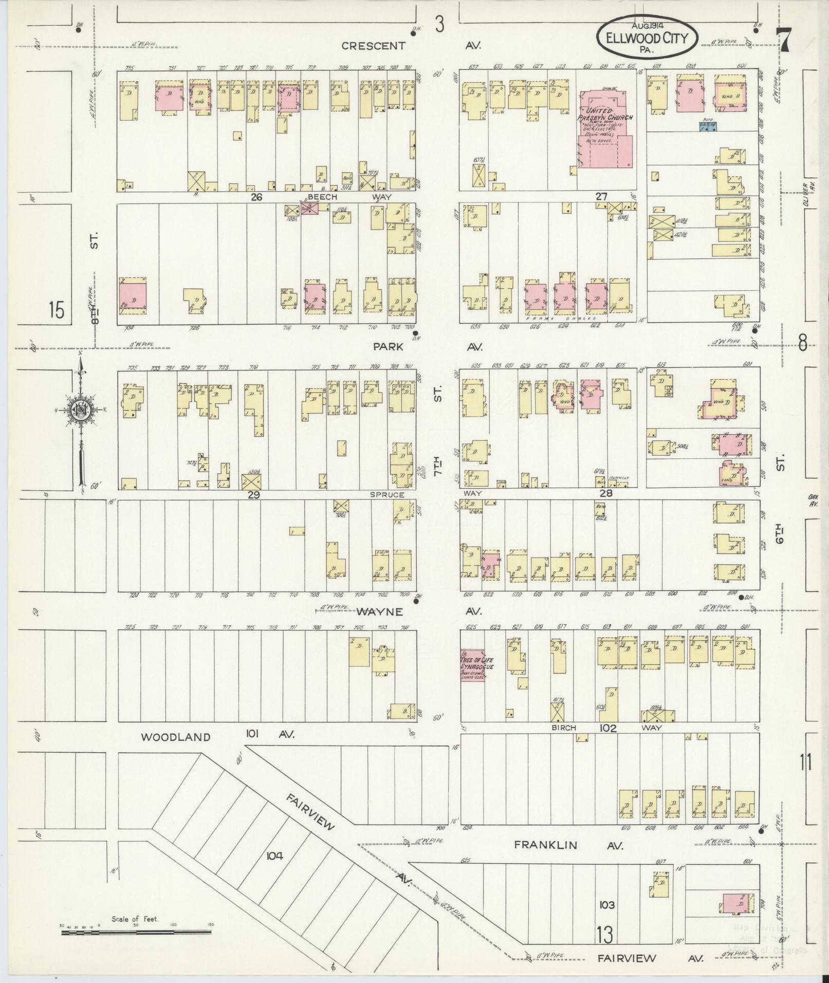 Sanborn Fire Insurance Map from Ellwood City, Lawrence County, Pennsylvania (1914), Sheet #0007 - Historic Sanborn Fire Insurance Map Print, vintage old map wall art, antique decor, genealogy gift, Pennsylvania Pennsylvania map