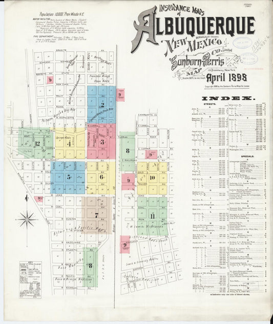 Sanborn Fire Insurance Map from Albuquerque, Bernalillo County, New Mexico (1898), Sheet #0001 - Historic Sanborn Fire Insurance Map Print, vintage old map wall art, antique decor, genealogy gift, New Mexico New Mexico map