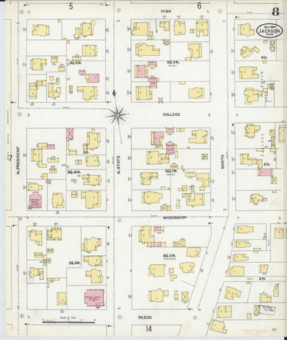 Sanborn Fire Insurance Map from Jackson, Hinds County, Mississippi (1904), Sheet #0008 - Complete Map Set gallery image, historic Sanborn map, vintage wall art, Mississippi Mississippi