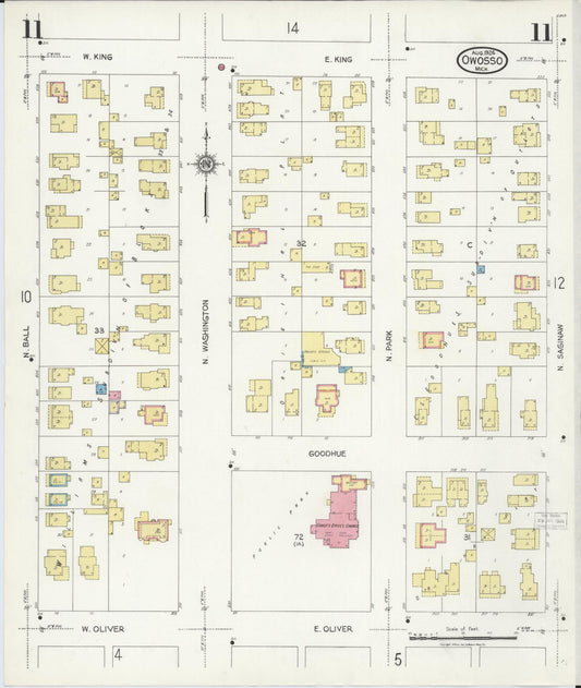Sanborn Fire Insurance Map from Owosso, Shiawassee County, Michigan (1924), Sheet #0011 - Historic Sanborn Fire Insurance Map Print, vintage old map wall art, antique decor, genealogy gift, Michigan Michigan map