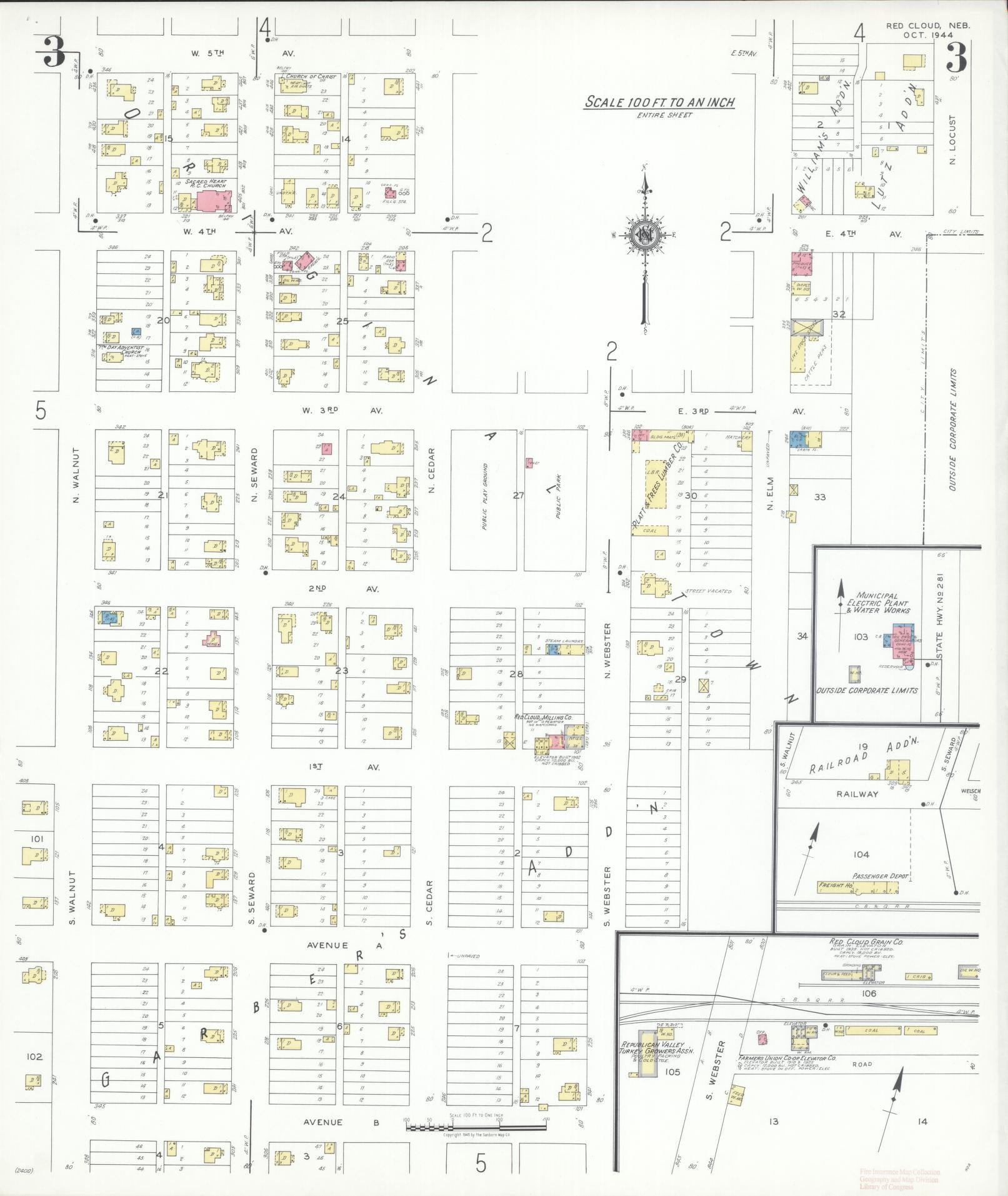 Sanborn Fire Insurance Map from Red Cloud, Webster County, Nebraska (1944), Sheet #0003 - Complete Map Set gallery image, historic Sanborn map, vintage wall art, Nebraska Nebraska