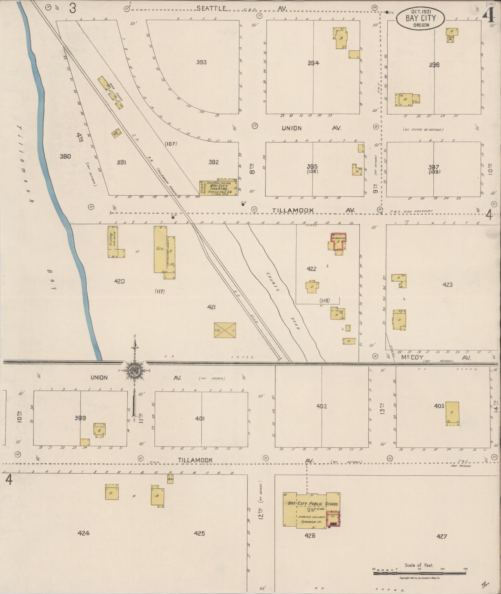 Sanborn Fire Insurance Map from Bay City, Tillamook County, Oregon (1921), Sheet #0004 - Historic Sanborn Fire Insurance Map Print, vintage old map wall art, antique decor, genealogy gift, Oregon Oregon map