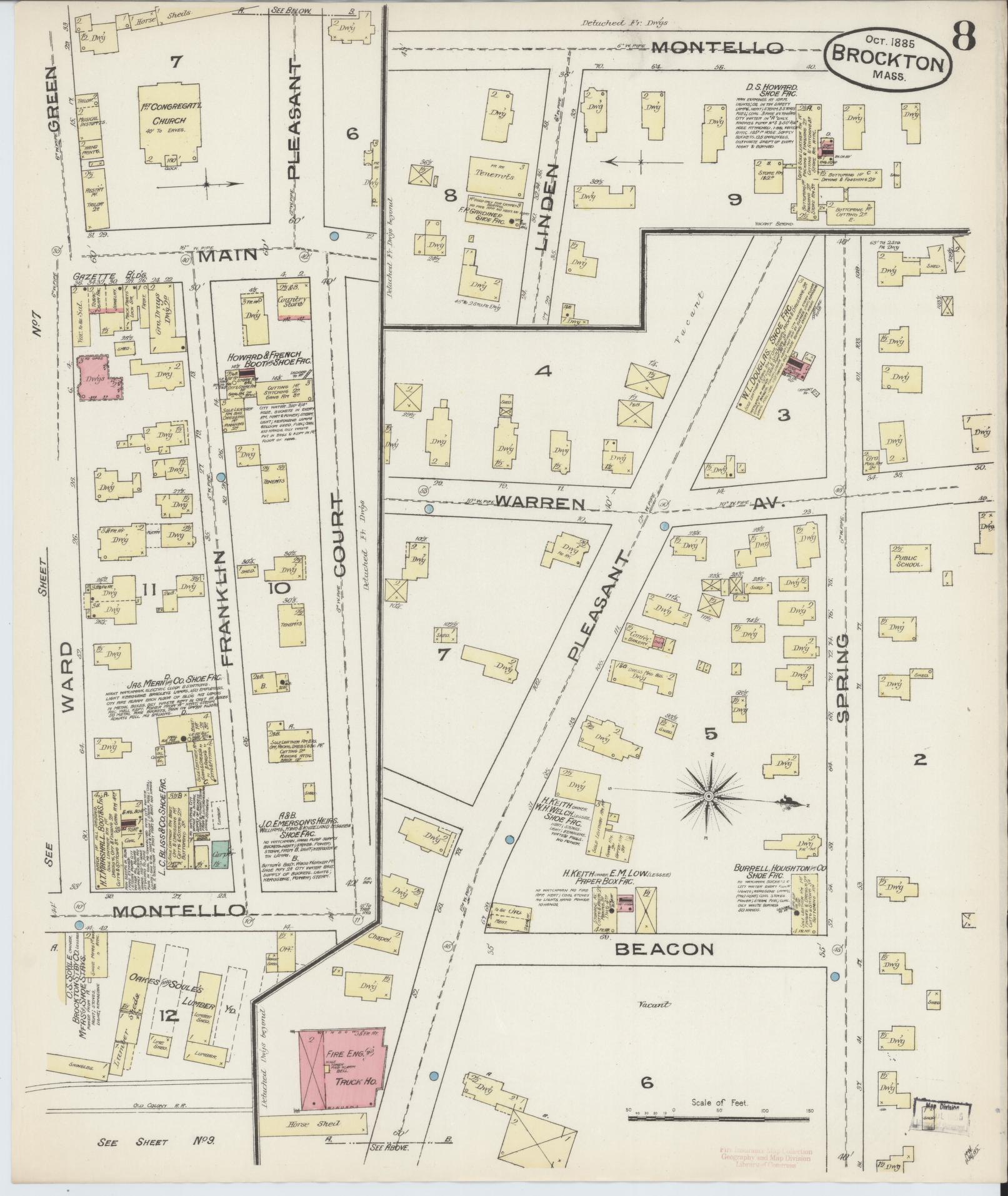 Sanborn Fire Insurance Map from Brockton, Plymouth County, Massachusetts (1885), Sheet #0008 - Complete Map Set gallery image, historic Sanborn map, vintage wall art, Massachusetts Massachusetts