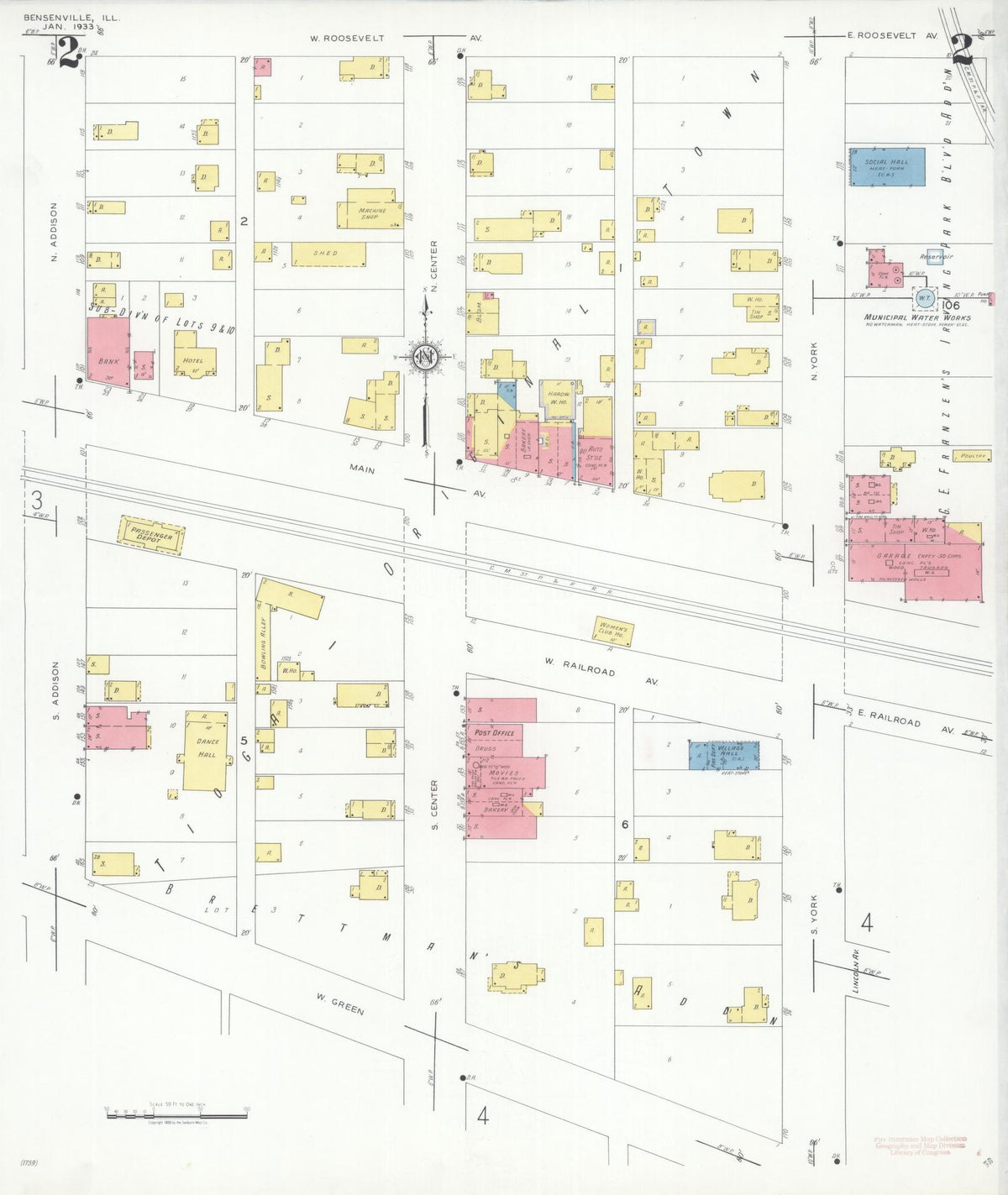 Sanborn Fire Insurance Map from Bensenville, Dupage County, Illinois (1933), Sheet #0002 - Historic Sanborn Fire Insurance Map Print, vintage old map wall art, antique decor, genealogy gift, Illinois Illinois map