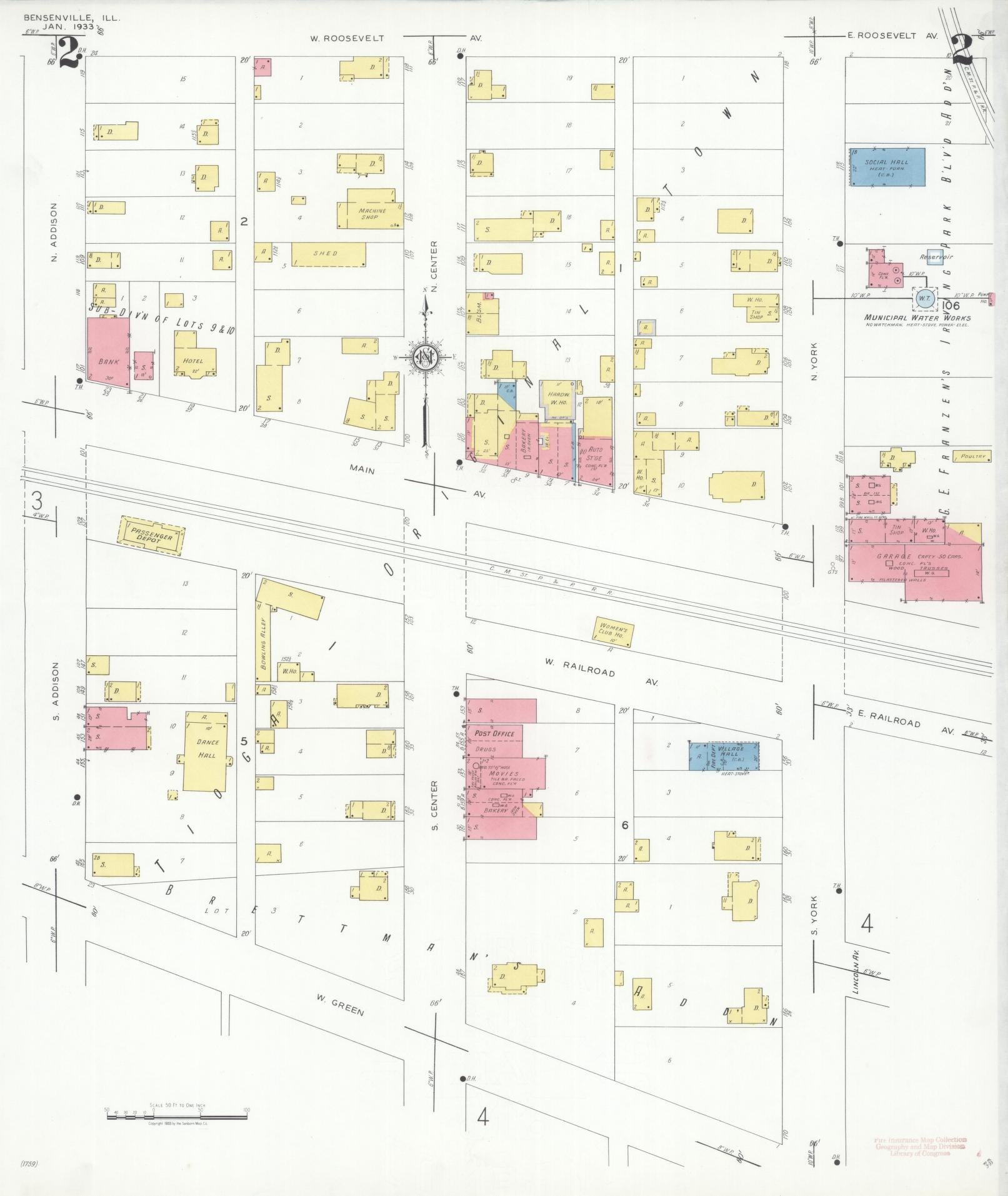 Sanborn Fire Insurance Map from Bensenville, Dupage County, Illinois (1933), Sheet #0002 - Historic Sanborn Fire Insurance Map Print, vintage old map wall art, antique decor, genealogy gift, Illinois Illinois map