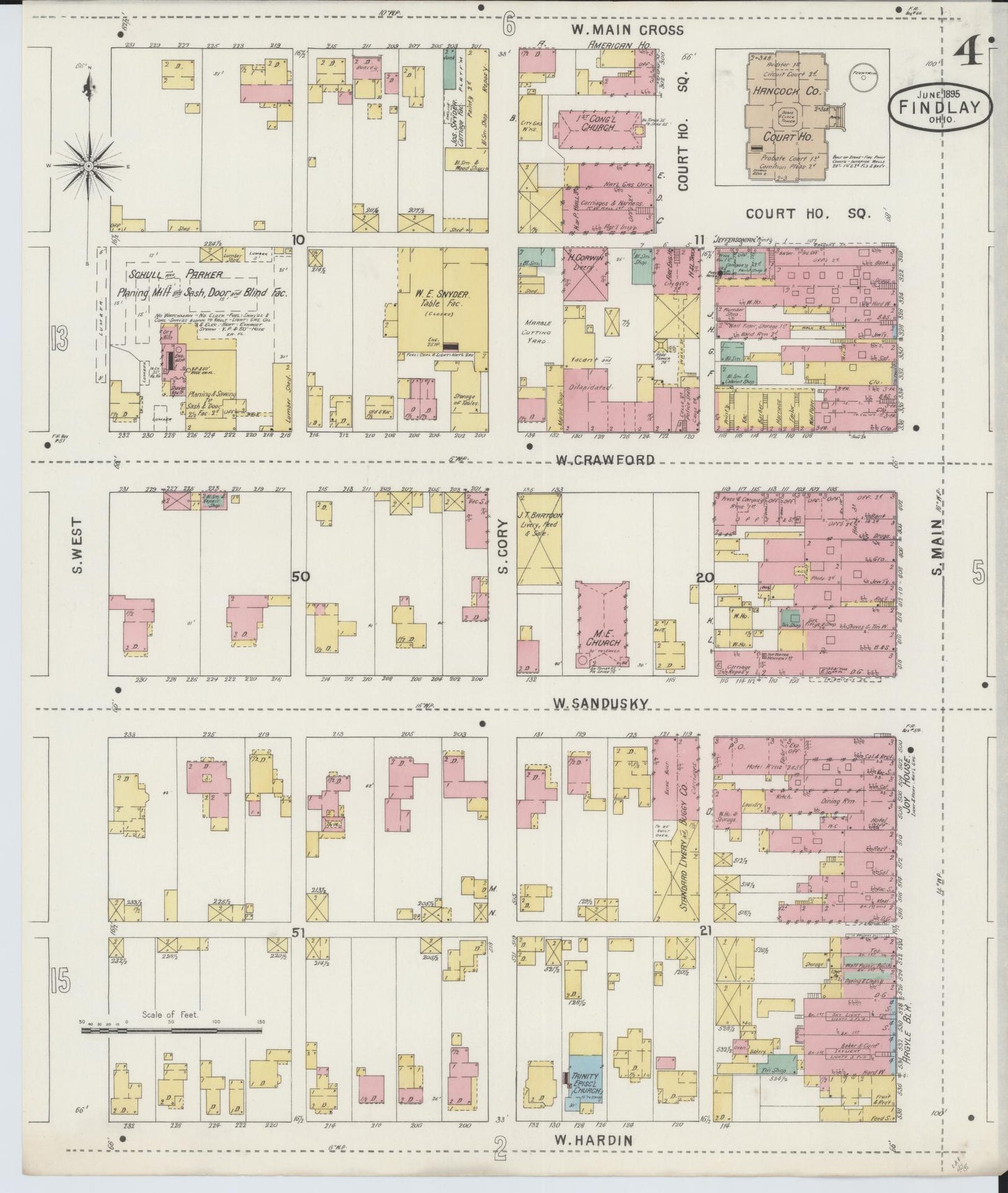 Sanborn Fire Insurance Map from Findlay, Hancock County, Ohio (1895), Sheet #0004 - Historic Sanborn Fire Insurance Map Print, vintage old map wall art, antique decor, genealogy gift, Ohio Ohio map