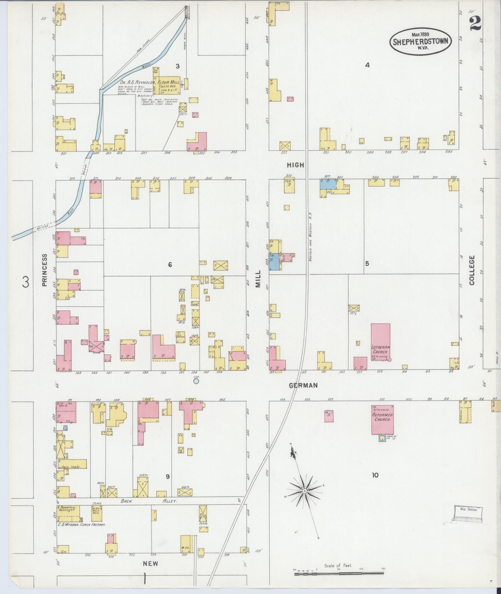 Sanborn Fire Insurance Map from Shepherdstown, Jefferson County, West Virginia (1899), Sheet #0002 - Complete Map Set gallery image, historic Sanborn map, vintage wall art, West Virginia West Virginia