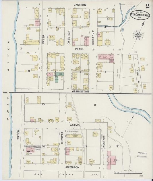 Sanborn Fire Insurance Map from New Cumberland, Hancock County, West Virginia (1890), Sheet #0002 - Historic Sanborn Fire Insurance Map Print, vintage old map wall art, antique decor, genealogy gift, West Virginia West Virginia map