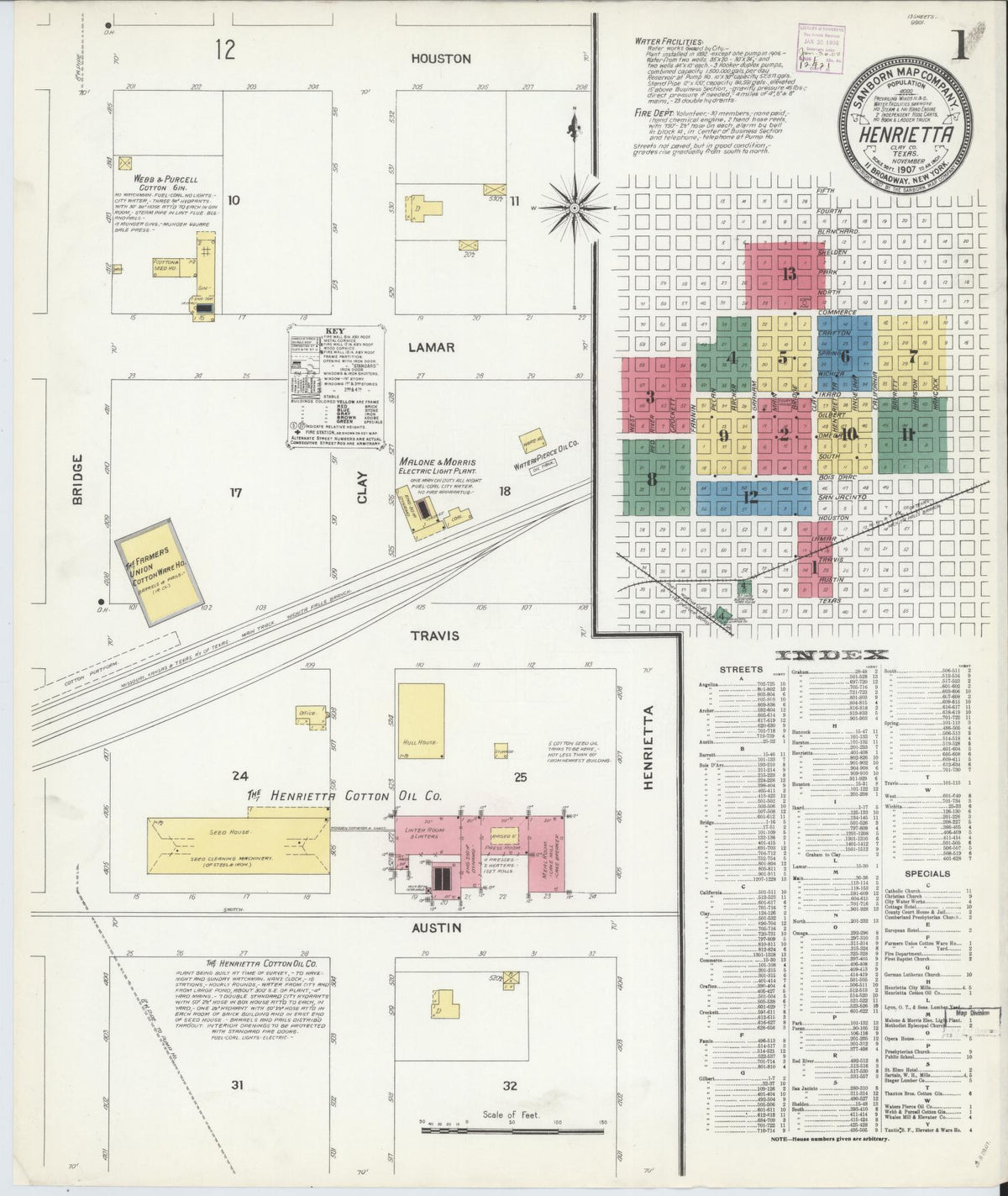 Sanborn Fire Insurance Map from Henrietta, Clay County, Texas (1907), Sheet #0001 - Complete Map Set gallery image, historic Sanborn map, vintage wall art, Texas Texas
