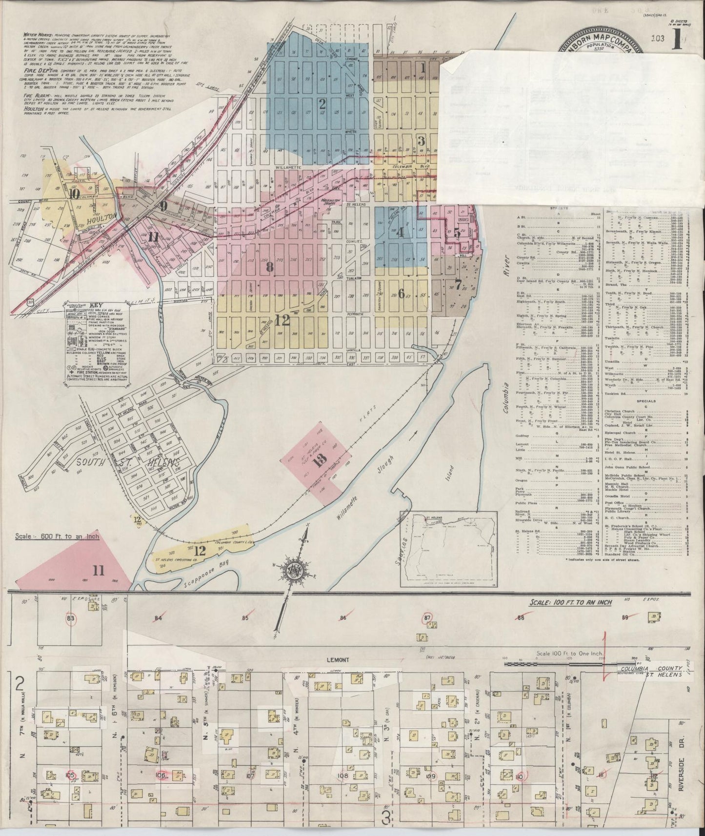 Sanborn Fire Insurance Map from Saint Helens, Columbia County, Oregon (1948), Sheet #0001 - Historic Sanborn Fire Insurance Map Print, vintage old map wall art, antique decor, genealogy gift, Oregon Oregon map