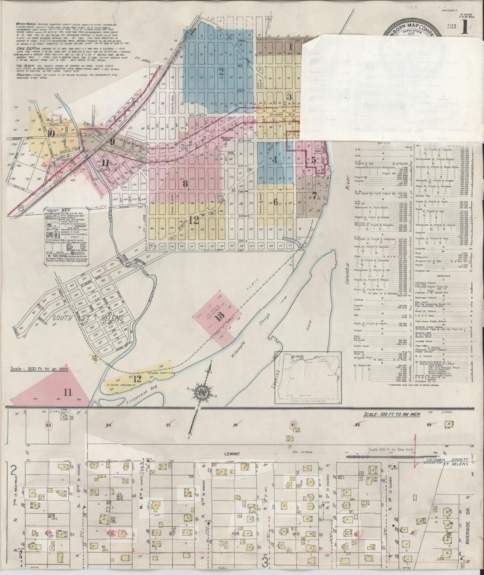Sanborn Fire Insurance Map from Saint Helens, Columbia County, Oregon (1948), Sheet #0001 - Historic Sanborn Fire Insurance Map Print, vintage old map wall art, antique decor, genealogy gift, Oregon Oregon map