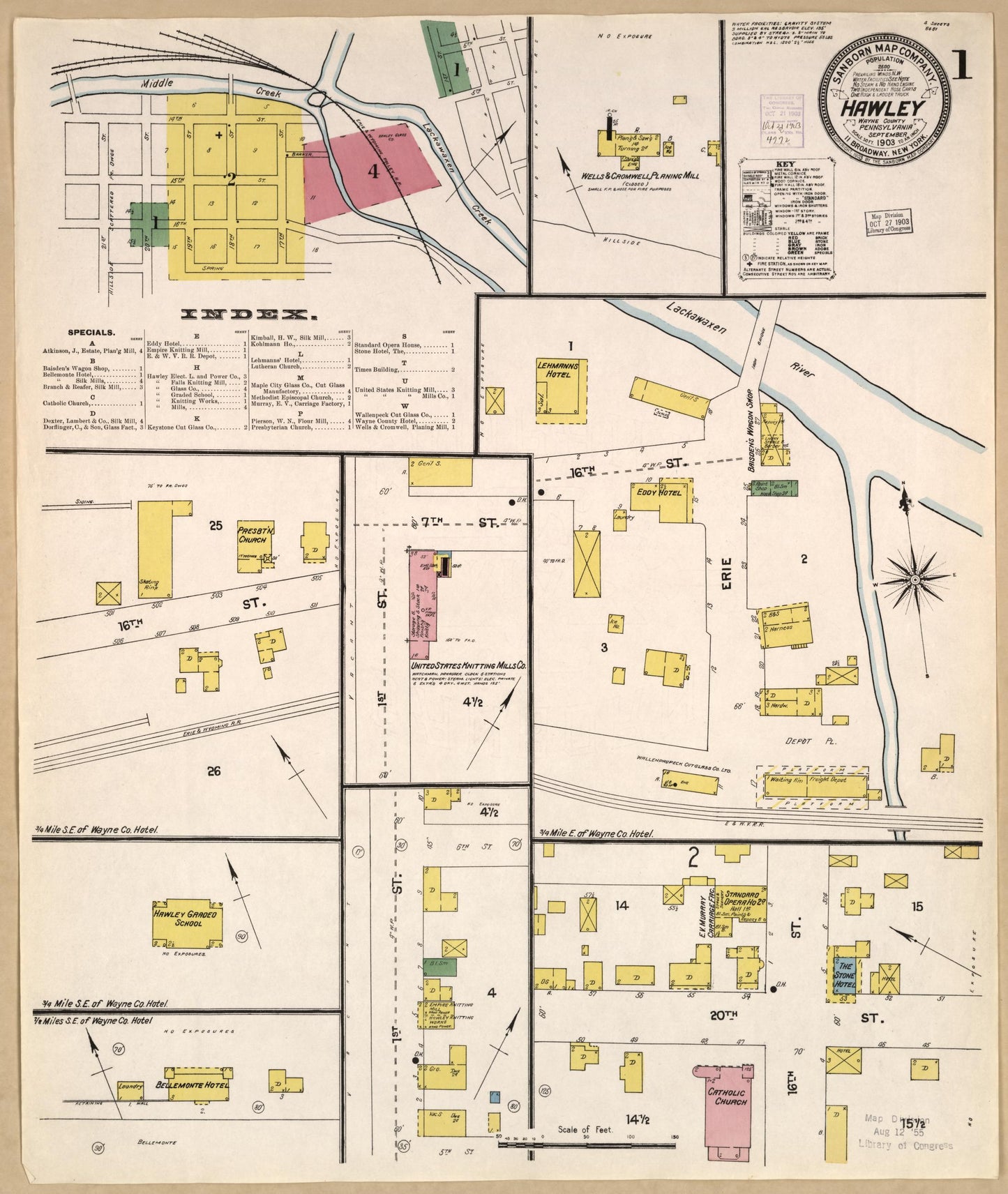 Sanborn Fire Insurance Map from Hawley, Wayne County, Pennsylvania (1903), Sheet #0001 - Historic Sanborn Fire Insurance Map Print, vintage old map wall art, antique decor, genealogy gift, Pennsylvania Pennsylvania map