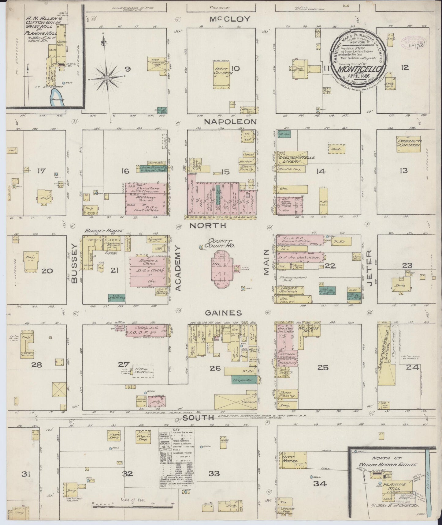 Sanborn Fire Insurance Map from Monticello, Drew County, Arkansas (1886), Sheet #0001 - Historic Sanborn Fire Insurance Map Print, vintage old map wall art, antique decor, genealogy gift, Arkansas Arkansas map