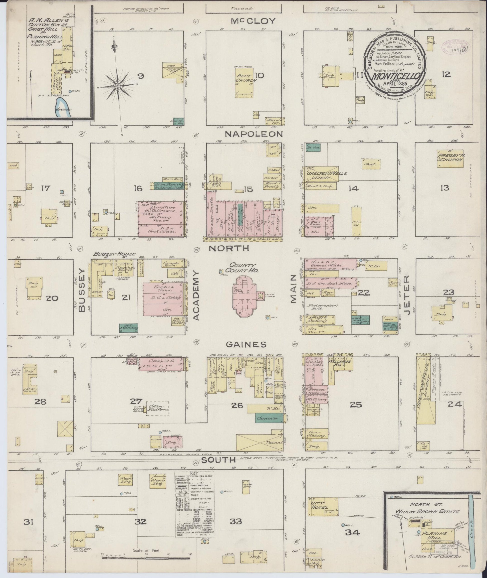 Sanborn Fire Insurance Map from Monticello, Drew County, Arkansas (1886), Sheet #0001 - Historic Sanborn Fire Insurance Map Print, vintage old map wall art, antique decor, genealogy gift, Arkansas Arkansas map