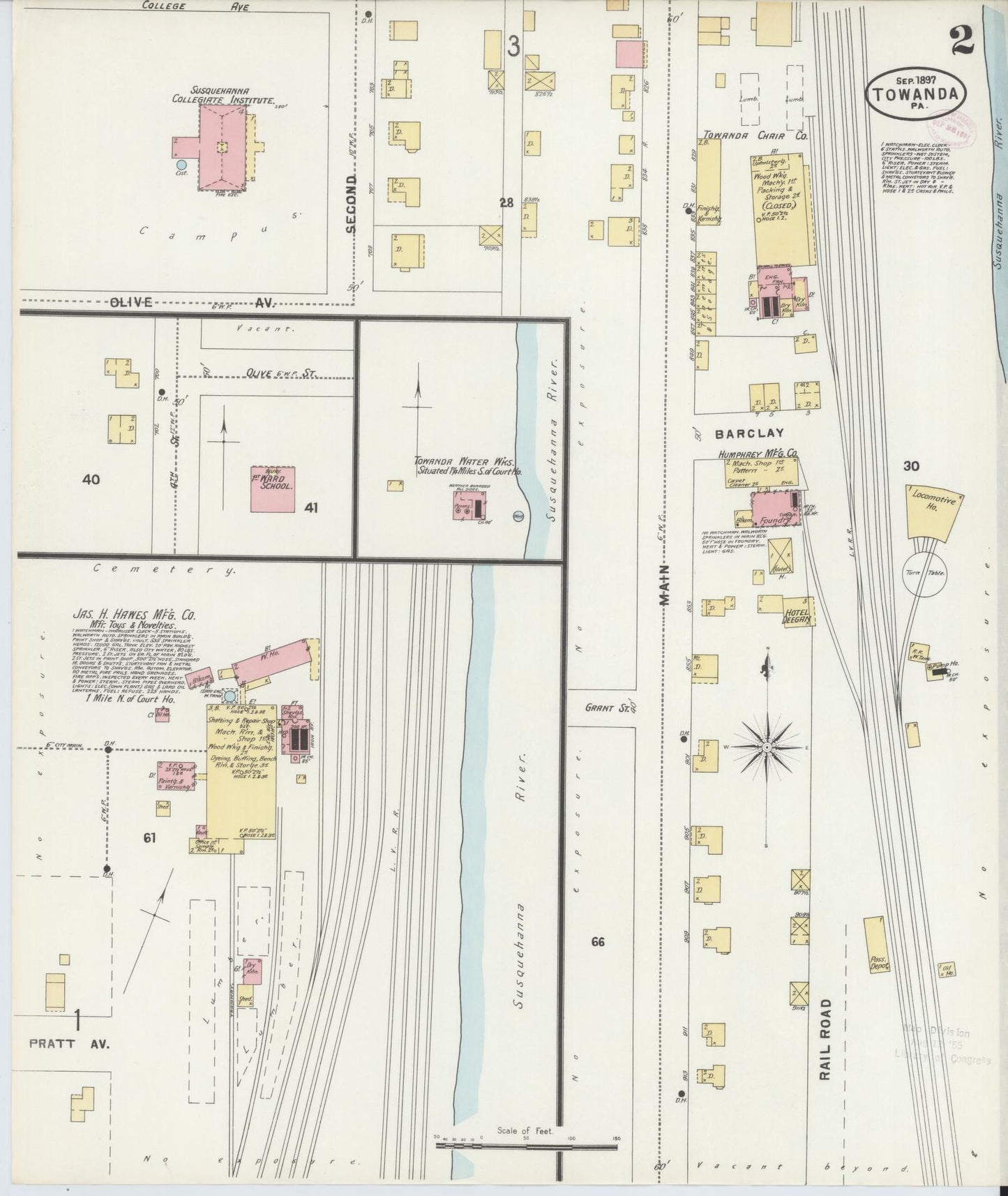 Sanborn Fire Insurance Map from Towanda, Bradford County, Pennsylvania (1897), Sheet #0002 - Historic Sanborn Fire Insurance Map Print, vintage old map wall art, antique decor, genealogy gift, Pennsylvania Pennsylvania map
