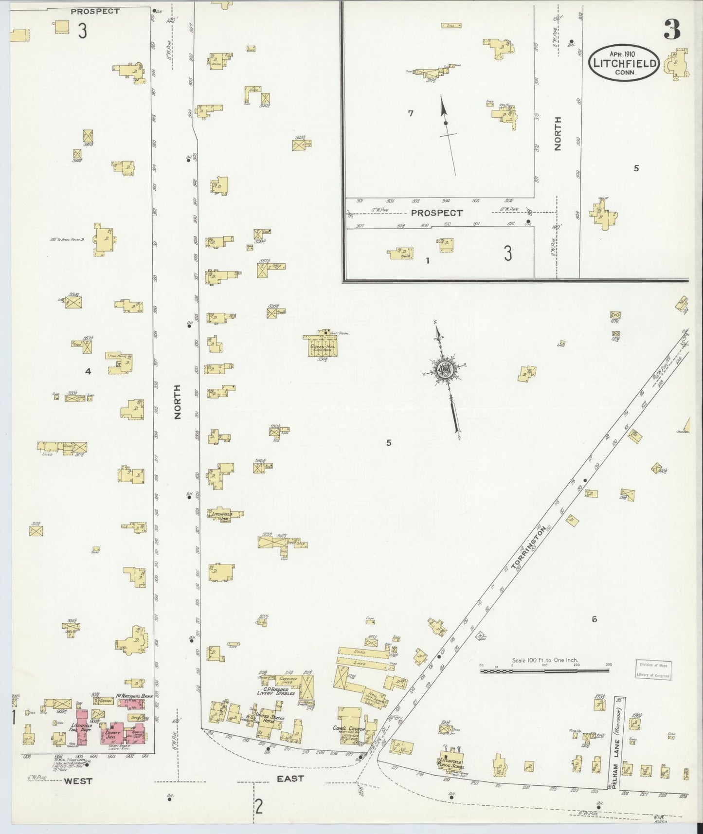 Sanborn Fire Insurance Map from Litchfield, Litchfield County, Connecticut (1910), Sheet #0003 - Complete Map Set gallery image, historic Sanborn map, vintage wall art, Connecticut Connecticut