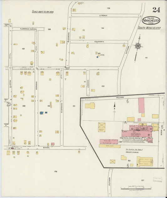 Sanborn Fire Insurance Map from Manchester, Hartford County, Connecticut (1919), Sheet #0024 - Historic Sanborn Fire Insurance Map Print, vintage old map wall art, antique decor, genealogy gift, Connecticut Connecticut map