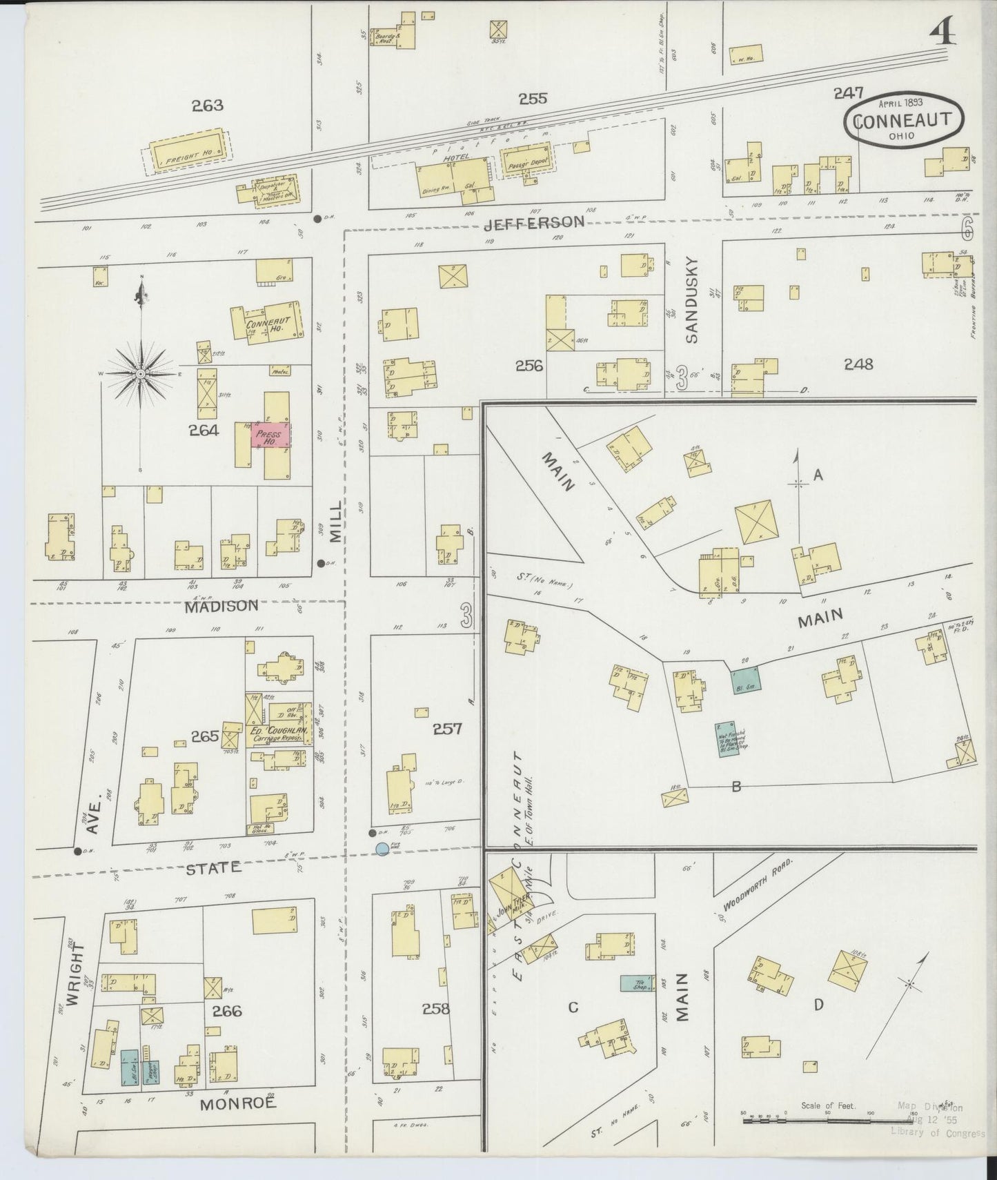 Sanborn Fire Insurance Map from Conneaut, Ashtabula County, Ohio (1893), Sheet #0004 - Historic Sanborn Fire Insurance Map Print, vintage old map wall art, antique decor, genealogy gift, Ohio Ohio map