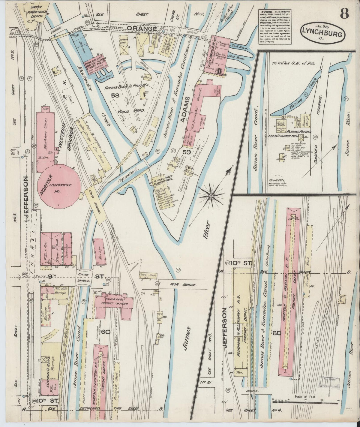 Sanborn Fire Insurance Map from Lynchburg, Independent Cities, Virginia (1885), Sheet #0008 - Complete Map Set gallery image, historic Sanborn map, vintage wall art, Virginia Virginia