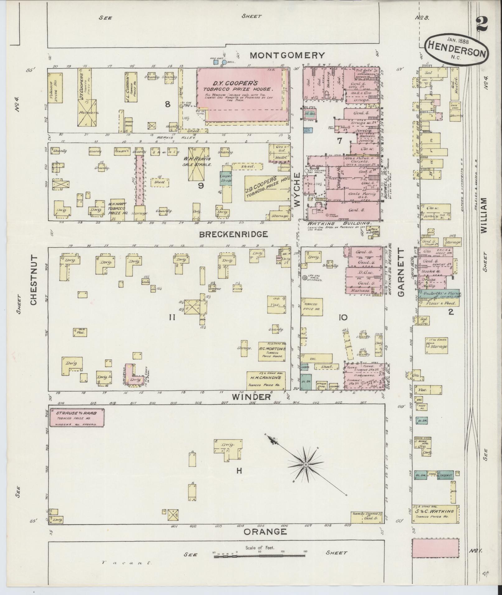 Sanborn Fire Insurance Map from Henderson, Vance County, North Carolina (1888), Sheet #0002 - Historic Sanborn Fire Insurance Map Print, vintage old map wall art, antique decor, genealogy gift, North Carolina North Carolina map