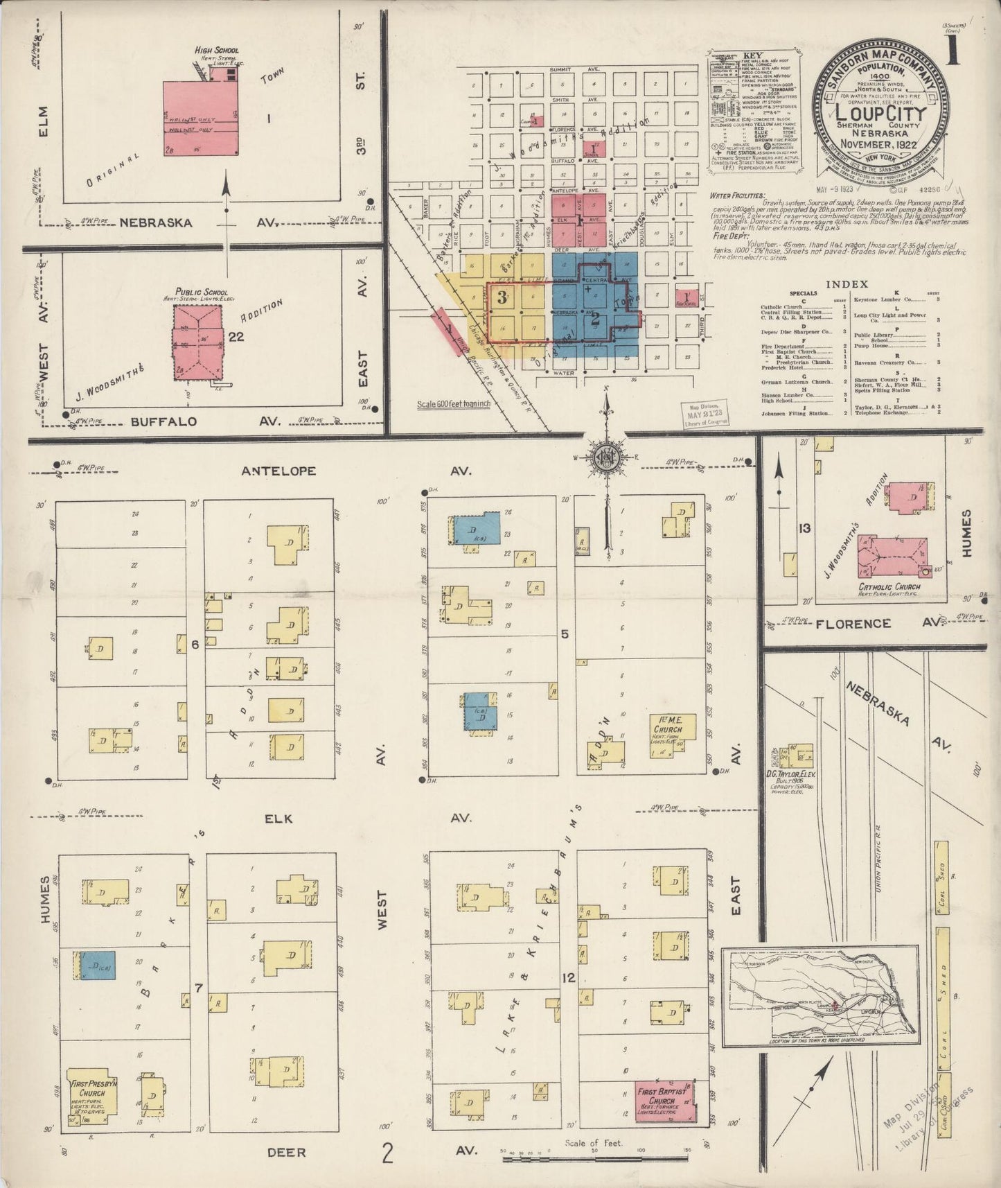 Sanborn Fire Insurance Map from Loup City, Sherman County, Nebraska (1922), Sheet #0001 - Historic Sanborn Fire Insurance Map Print, vintage old map wall art, antique decor, genealogy gift, Nebraska Nebraska map