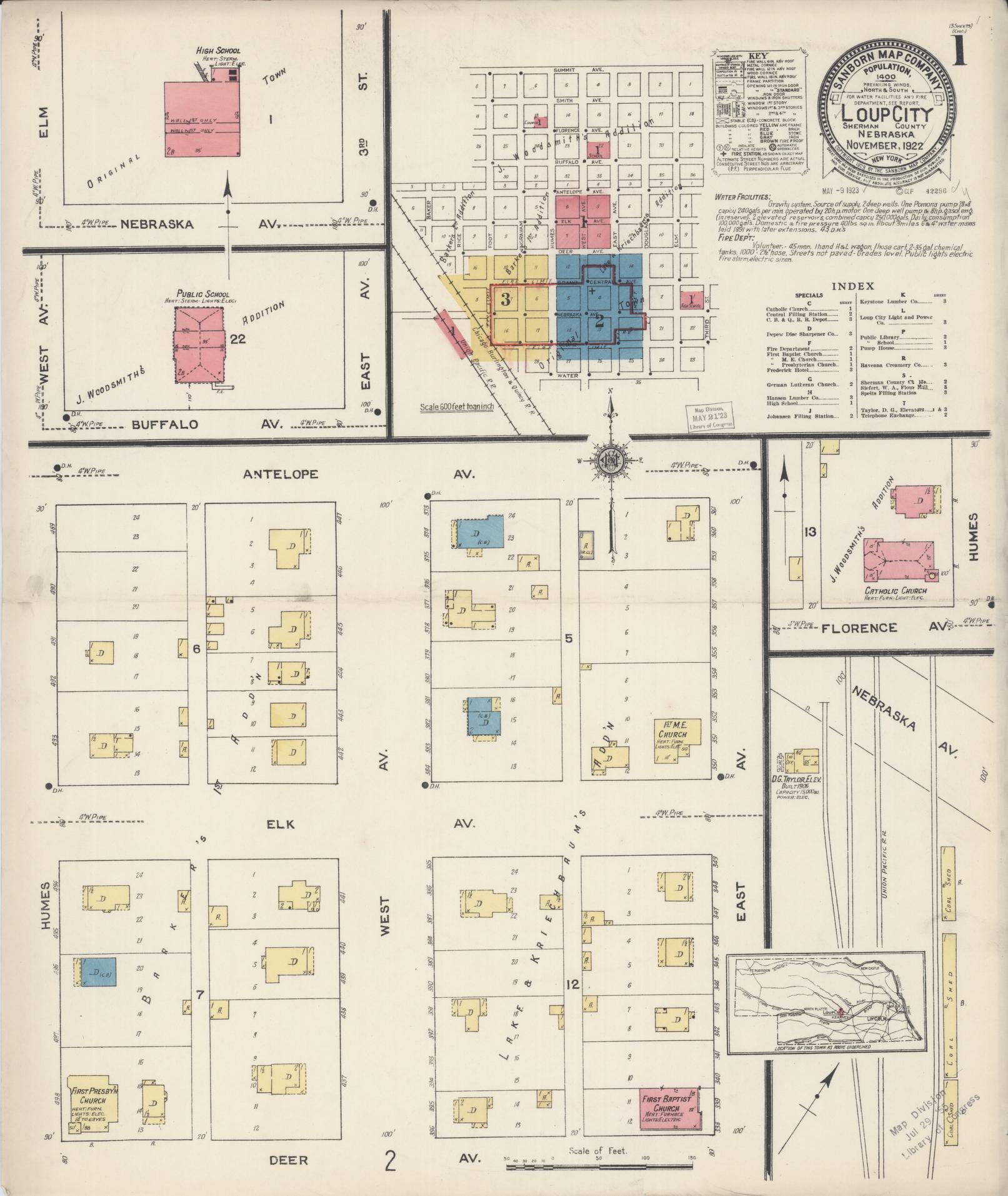 Sanborn Fire Insurance Map from Loup City, Sherman County, Nebraska (1922), Sheet #0001 - Historic Sanborn Fire Insurance Map Print, vintage old map wall art, antique decor, genealogy gift, Nebraska Nebraska map