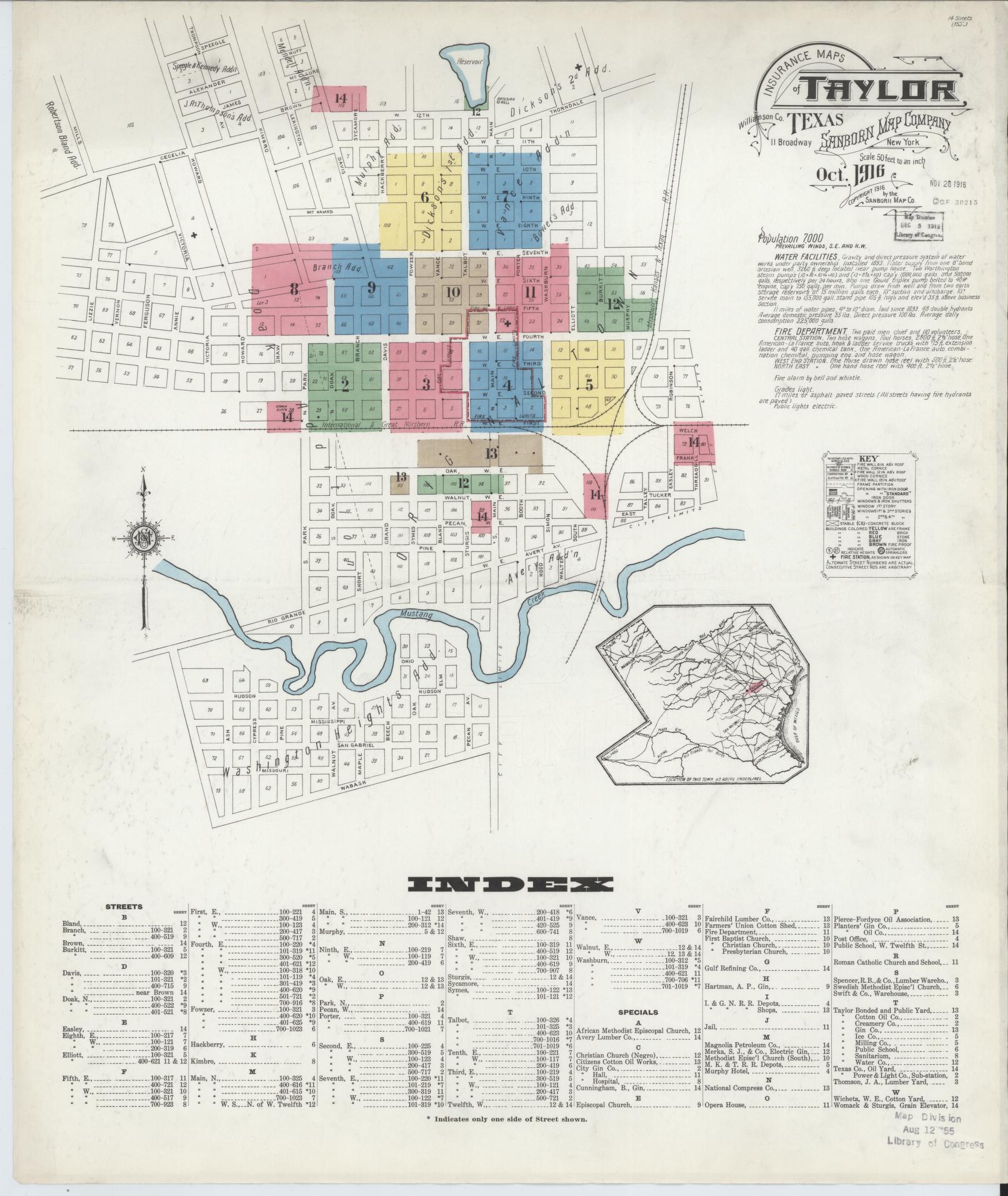 Sanborn Fire Insurance Map from Taylor, Williamson County, Texas (1916), Sheet #0001 - Complete Map Set gallery image, historic Sanborn map, vintage wall art, Texas Texas