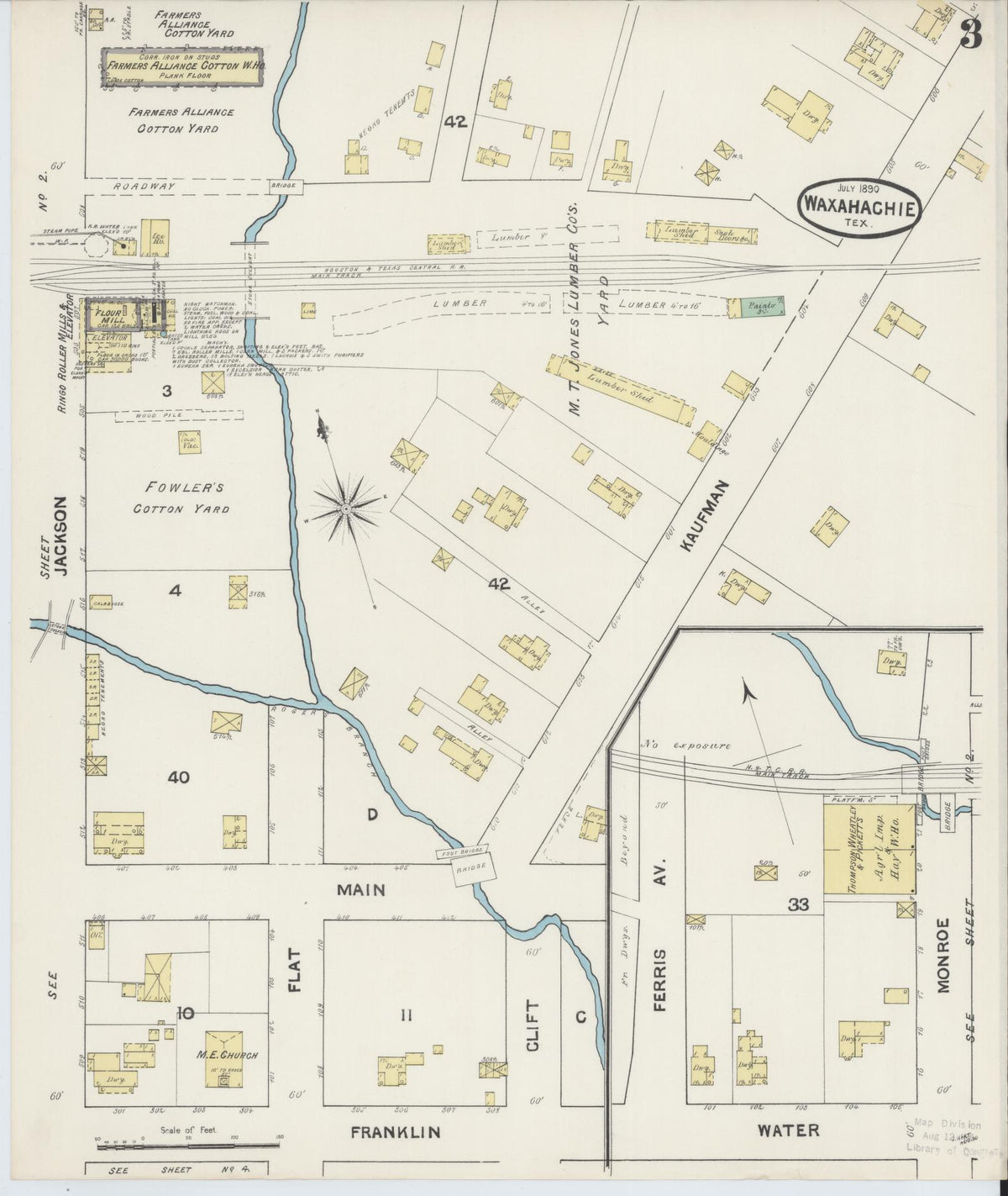 Sanborn Fire Insurance Map from Waxahachie, Ellis County, Texas (1890), Sheet #0003 - Historic Sanborn Fire Insurance Map Print, vintage old map wall art, antique decor, genealogy gift, Texas Texas map