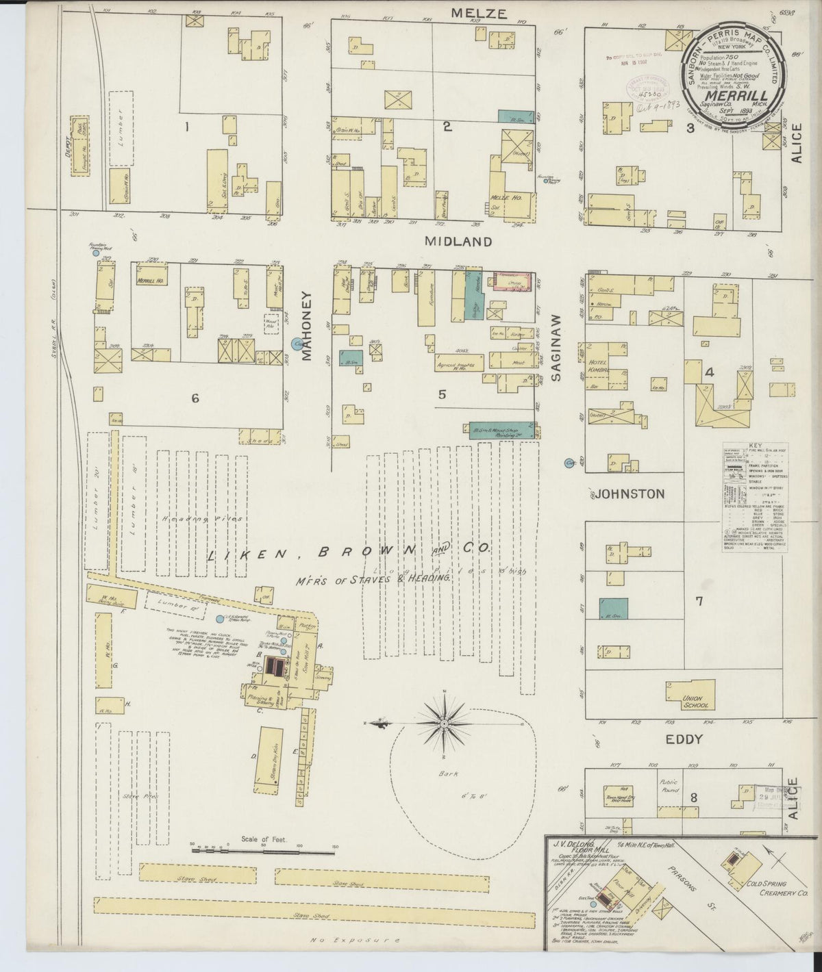 Sanborn Fire Insurance Map from Merrill, Saginaw County, Michigan (1893), Sheet #0001 - Historic Sanborn Fire Insurance Map Print, vintage old map wall art, antique decor, genealogy gift, Michigan Michigan map