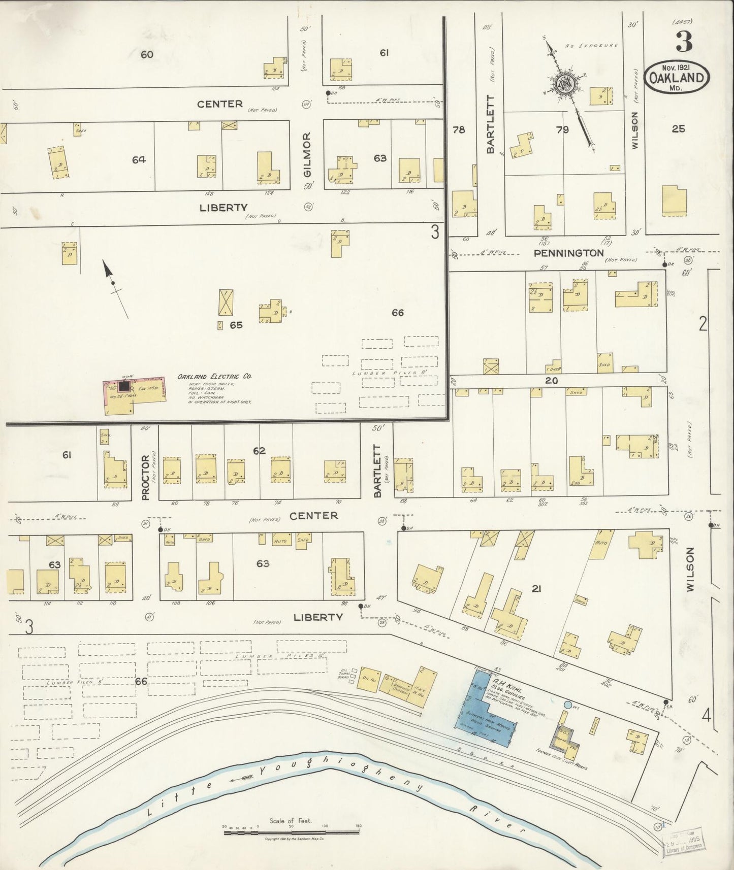 Sanborn Fire Insurance Map from Oakland, Garrett County, Maryland (1921), Sheet #0003 - Historic Sanborn Fire Insurance Map Print, vintage old map wall art