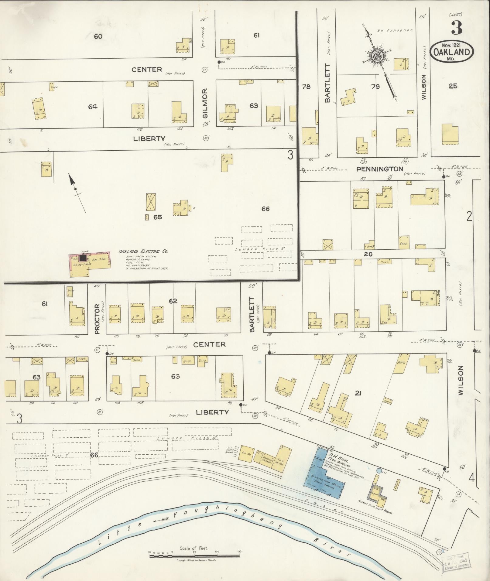 Sanborn Fire Insurance Map from Oakland, Garrett County, Maryland (1921), Sheet #0003 - Historic Sanborn Fire Insurance Map Print, vintage old map wall art