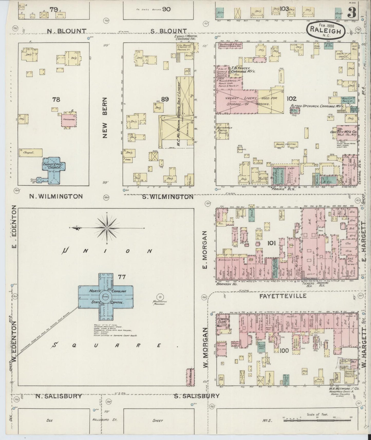 Sanborn Fire Insurance Map from Raleigh, Wake County, North Carolina (1888), Sheet #0003 - Complete Map Set gallery image, historic Sanborn map, vintage wall art, North Carolina North Carolina