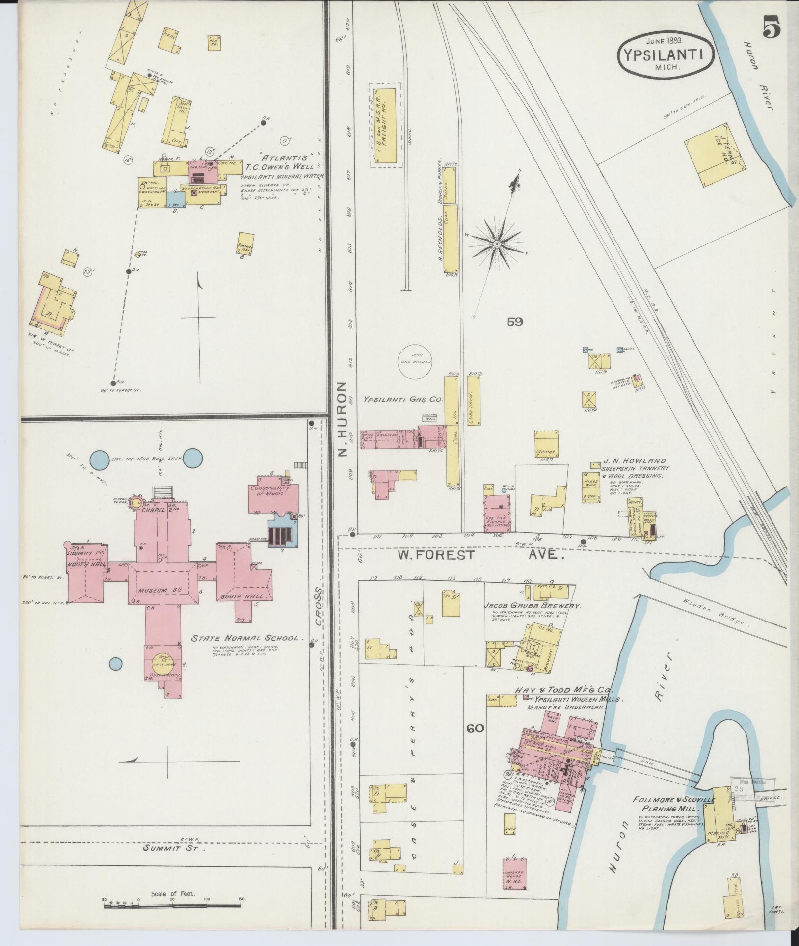 Sanborn Fire Insurance Map from Ypsilanti, Washtenaw County, Michigan (1893), Sheet #0005 - Historic Sanborn Fire Insurance Map Print, vintage old map wall art, antique decor, genealogy gift, Michigan Michigan map