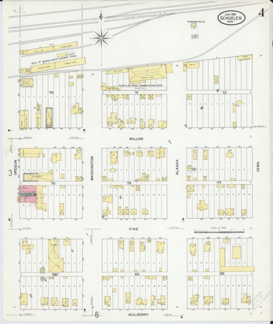 Sanborn Fire Insurance Map from Schuyler, Colfax County, Nebraska (1909), Sheet #0004 - Historic Sanborn Fire Insurance Map Print, vintage old map wall art, antique decor, genealogy gift, Nebraska Nebraska map