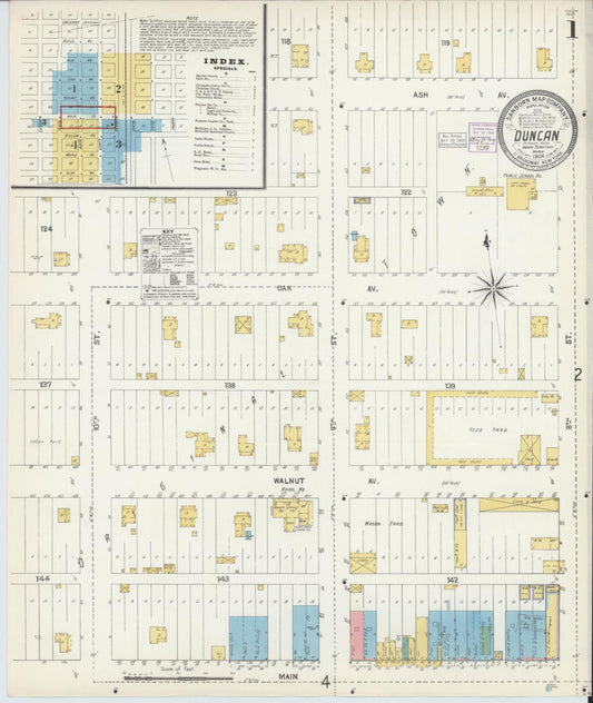 Sanborn Fire Insurance Map from Duncan, Stephens County, Oklahoma (1904), Sheet #0001 - Complete Map Set gallery image, historic Sanborn map, vintage wall art, Oklahoma Oklahoma