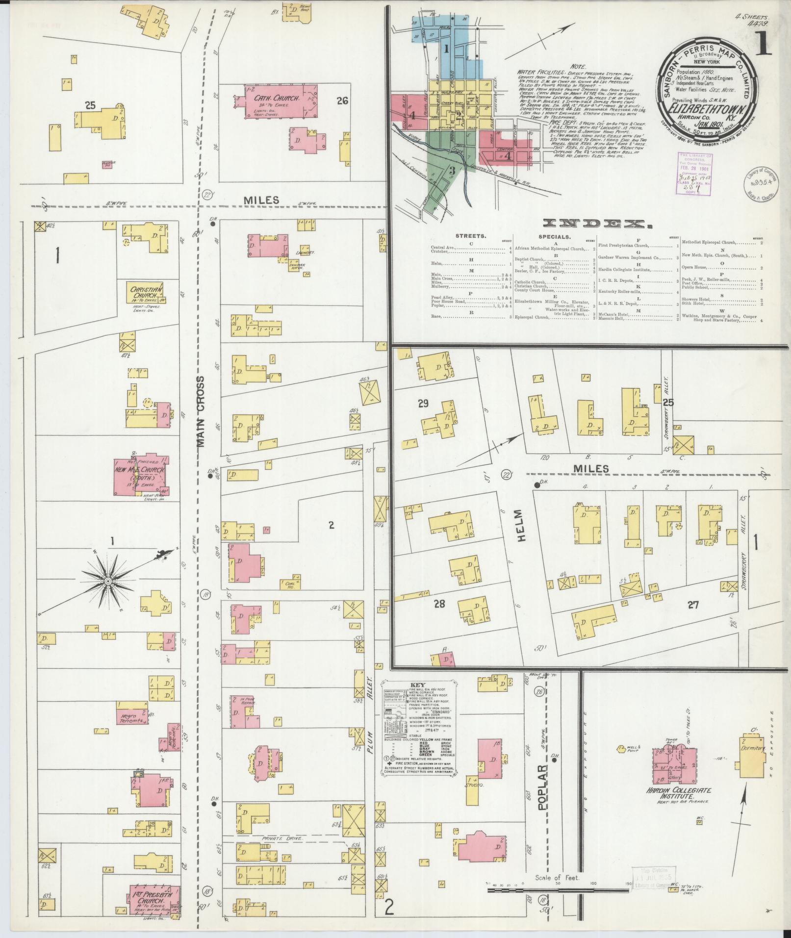 Sanborn Fire Insurance Map from Elizabethtown, Hardin County, Kentucky (1901), Sheet #0001 - Complete Map Set gallery image, historic Sanborn map, vintage wall art, Kentucky Kentucky