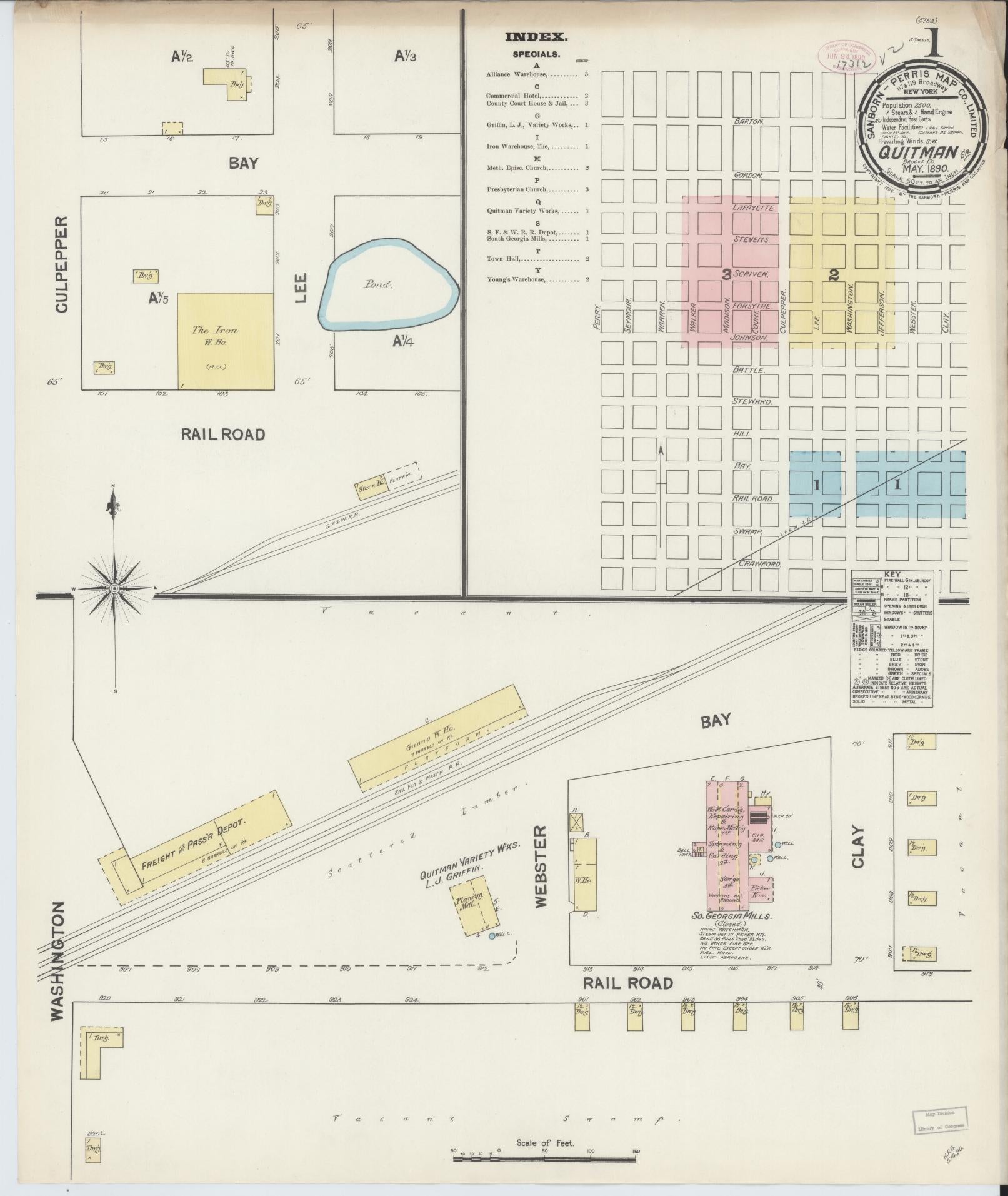 Sanborn Fire Insurance Map from Quitman, Brooks County, Georgia (1890), Sheet #0001 - Complete Map Set gallery image, historic Sanborn map, vintage wall art, Georgia Georgia