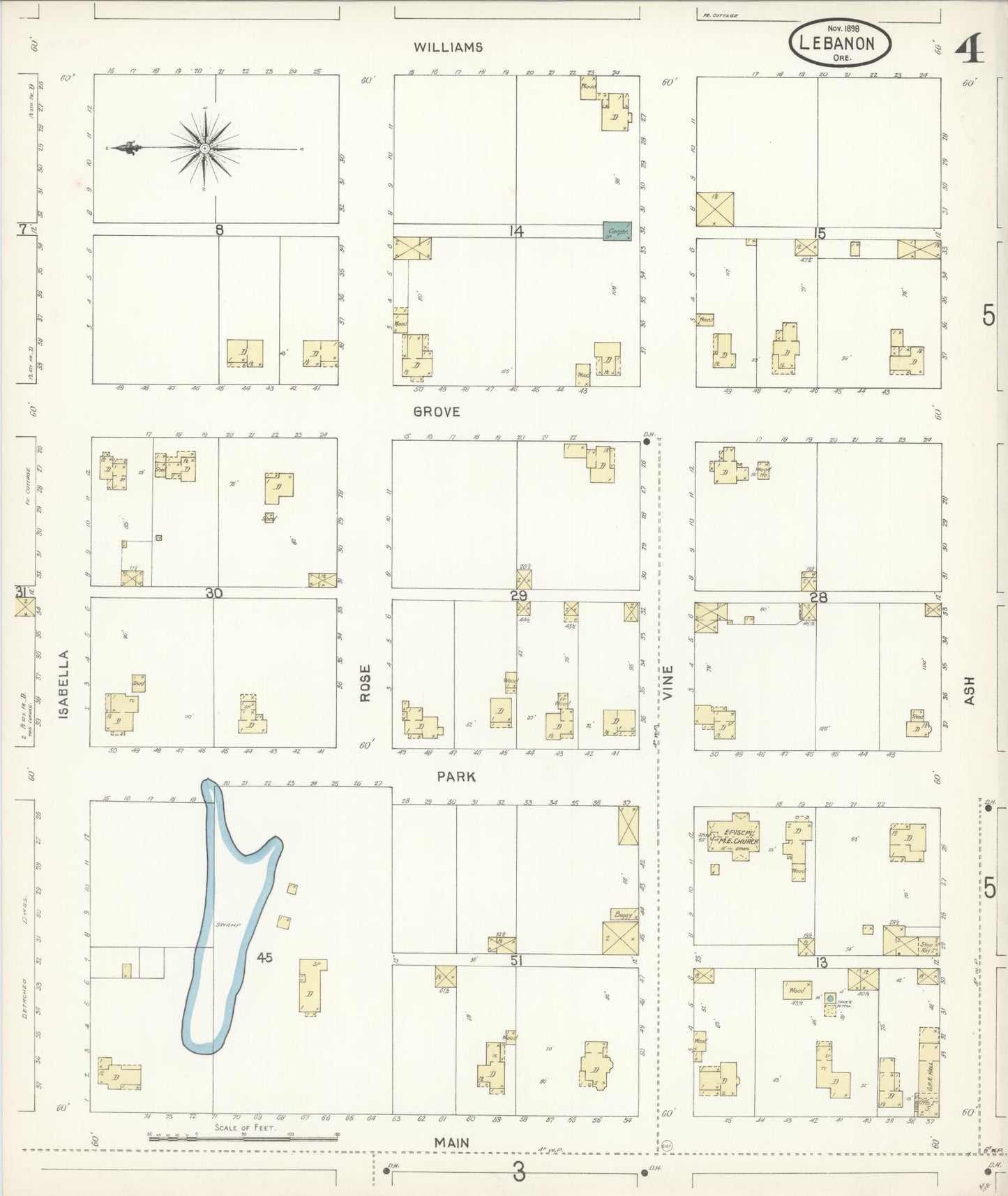 Sanborn Fire Insurance Map from Lebanon, Linn County, Oregon (1898), Sheet #0004 - Complete Map Set gallery image, historic Sanborn map, vintage wall art, Oregon Oregon