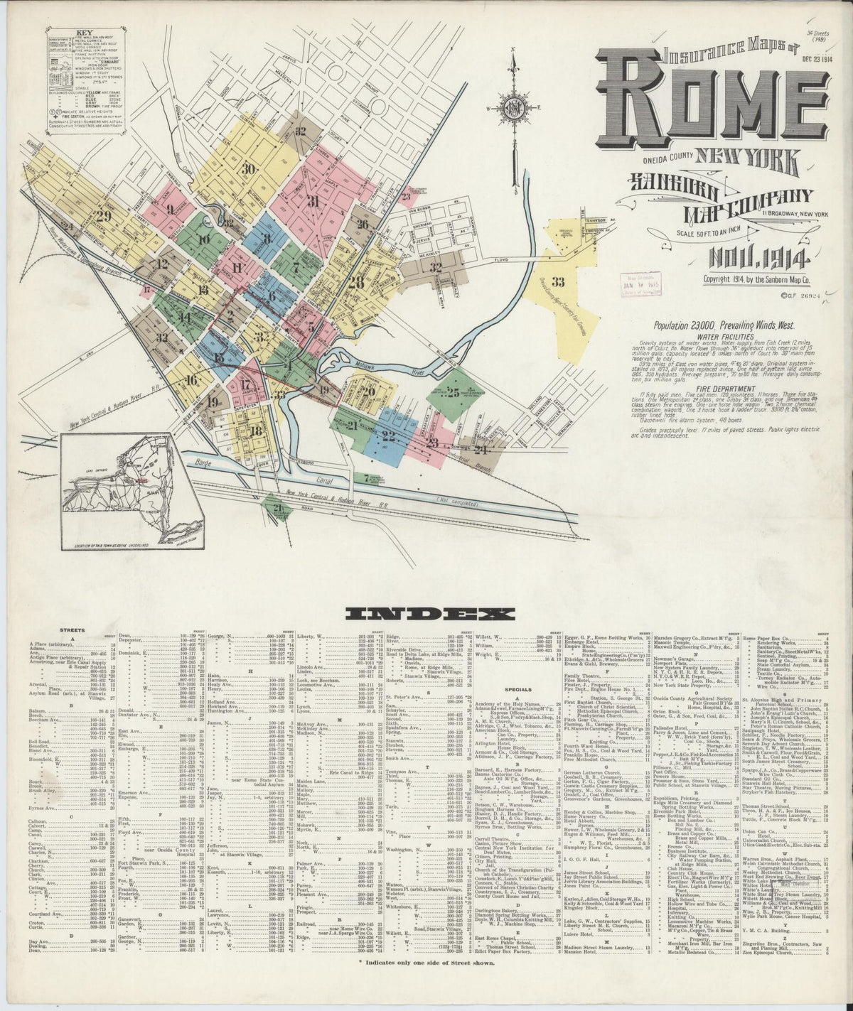 Sanborn Fire Insurance Map from Rome, Oneida County, New York (1914), Sheet #0001 - Historic Sanborn Fire Insurance Map Print, vintage old map wall art, antique decor, genealogy gift, New York New York map