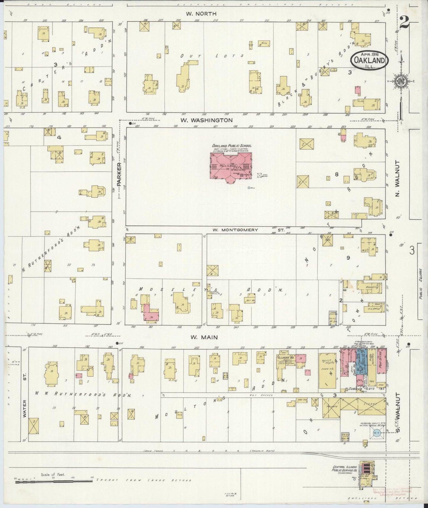 Sanborn Fire Insurance Map from Oakland, Coles County, Illinois (1916), Sheet #0002 - Complete Map Set gallery image, historic Sanborn map, vintage wall art, Illinois Illinois
