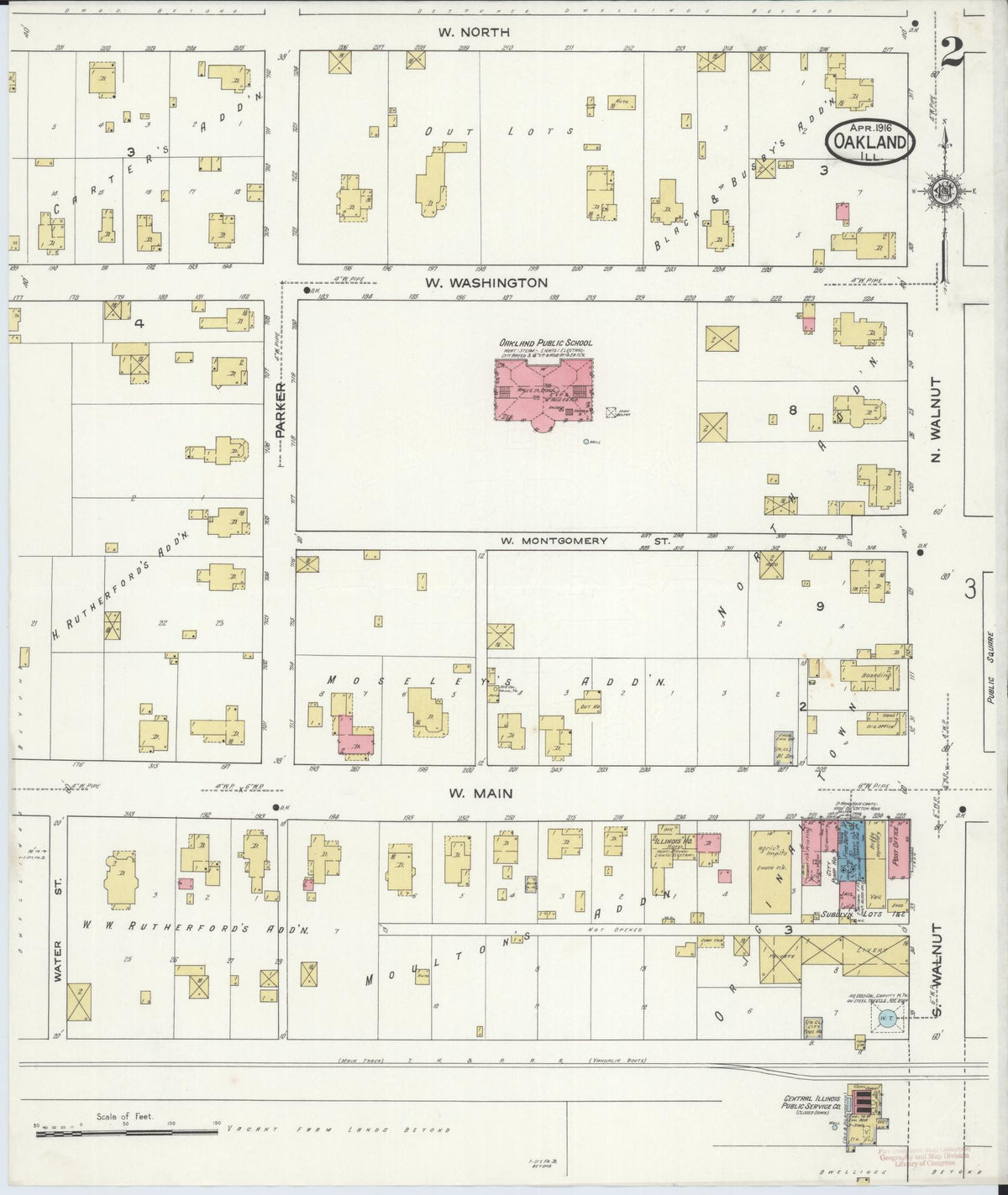 Sanborn Fire Insurance Map from Oakland, Coles County, Illinois (1916), Sheet #0002 - Complete Map Set gallery image, historic Sanborn map, vintage wall art, Illinois Illinois