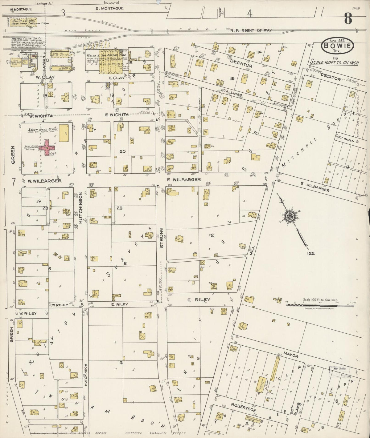 Sanborn Fire Insurance Map from Bowie, Montague County, Texas (1922), Sheet #0008 - Complete Map Set gallery image, historic Sanborn map, vintage wall art, Texas Texas