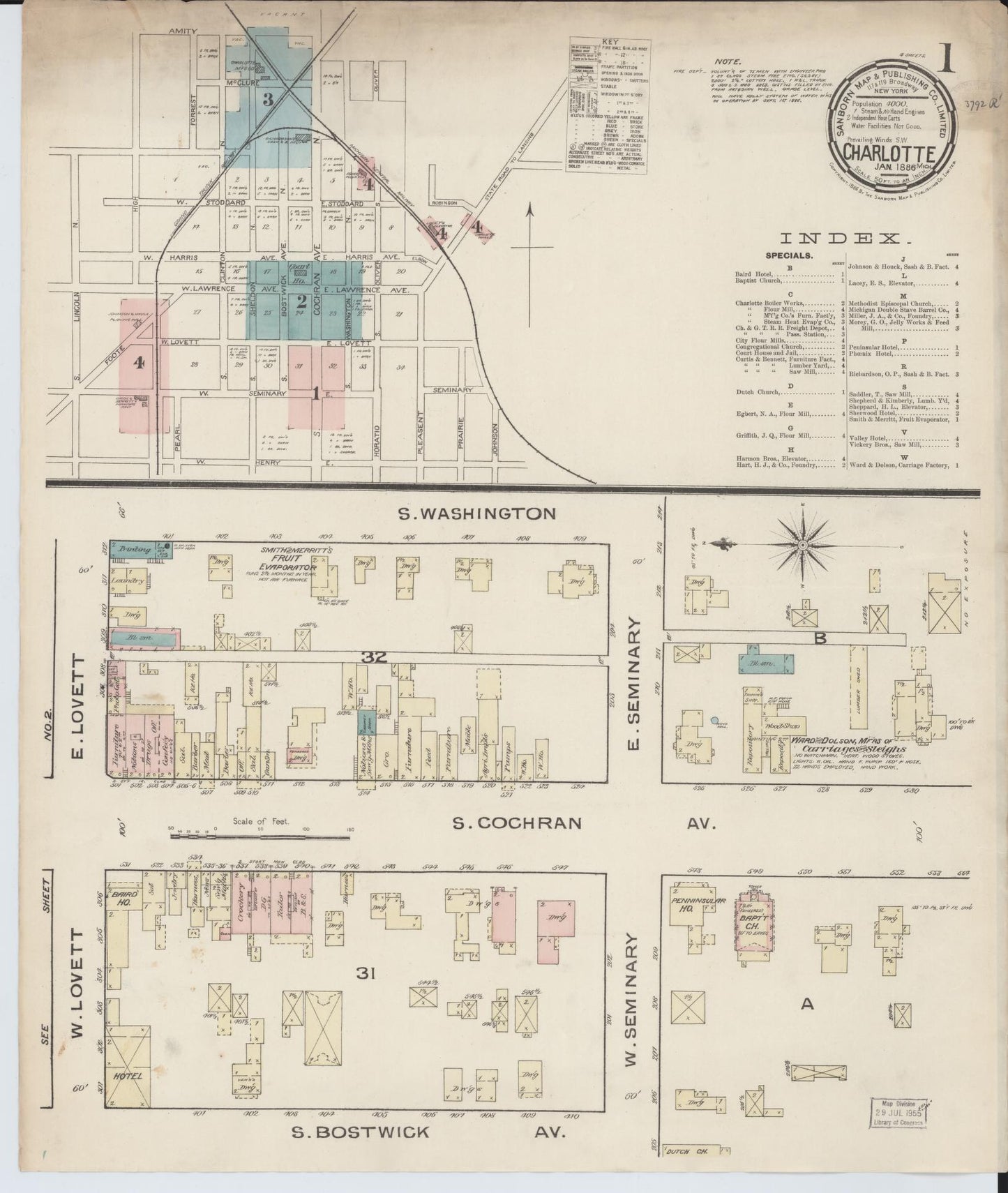 Sanborn Fire Insurance Map from Charlotte, Eaton County, Michigan (1886), Sheet #0001 - Historic Sanborn Fire Insurance Map Print, vintage old map wall art, antique decor, genealogy gift, Michigan Michigan map