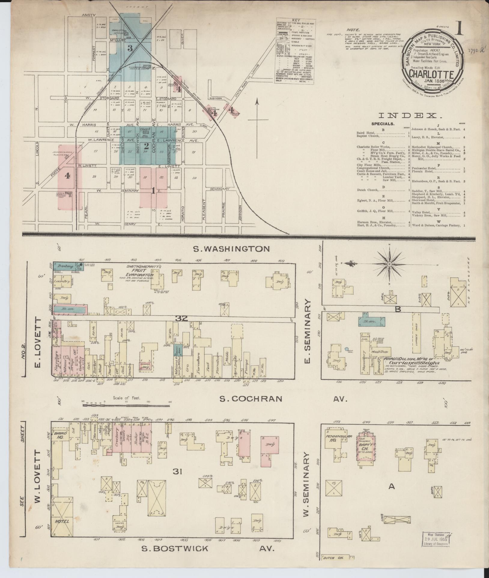 Sanborn Fire Insurance Map from Charlotte, Eaton County, Michigan (1886), Sheet #0001 - Historic Sanborn Fire Insurance Map Print, vintage old map wall art, antique decor, genealogy gift, Michigan Michigan map